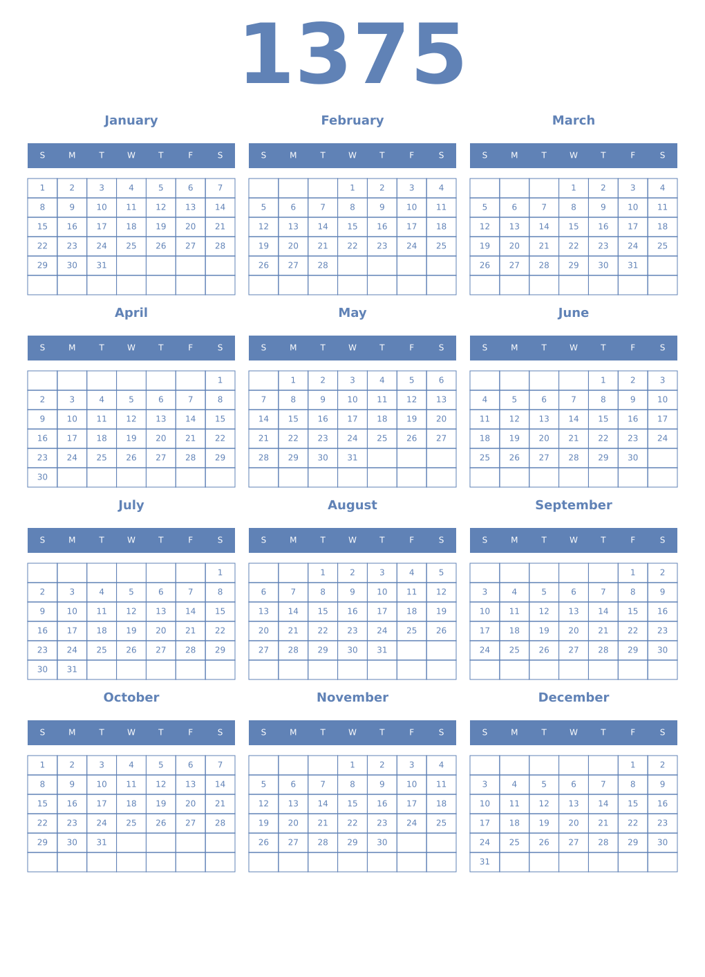 Printable 1375 Year Calendars glaucous