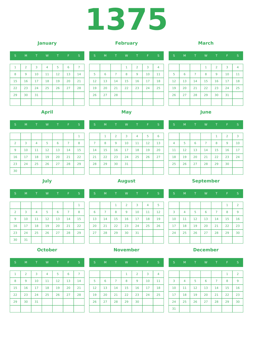 Printable 1375 Year Calendars green