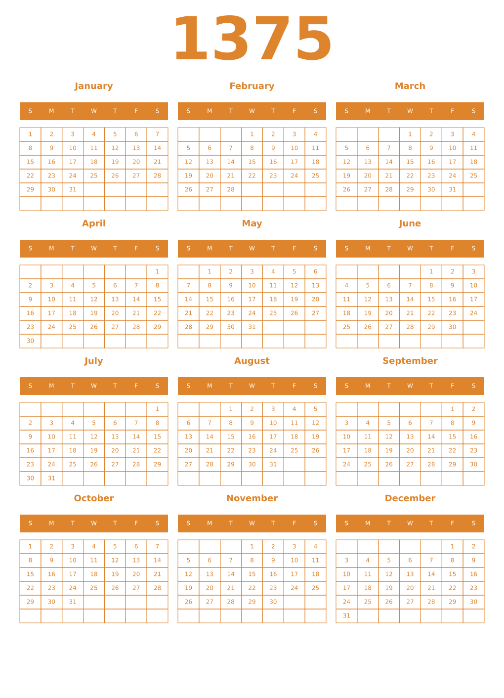 Printable 1375 Year Calendars orange