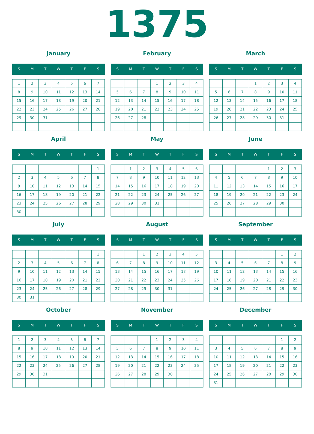 Printable 1375 Year Calendars pastel