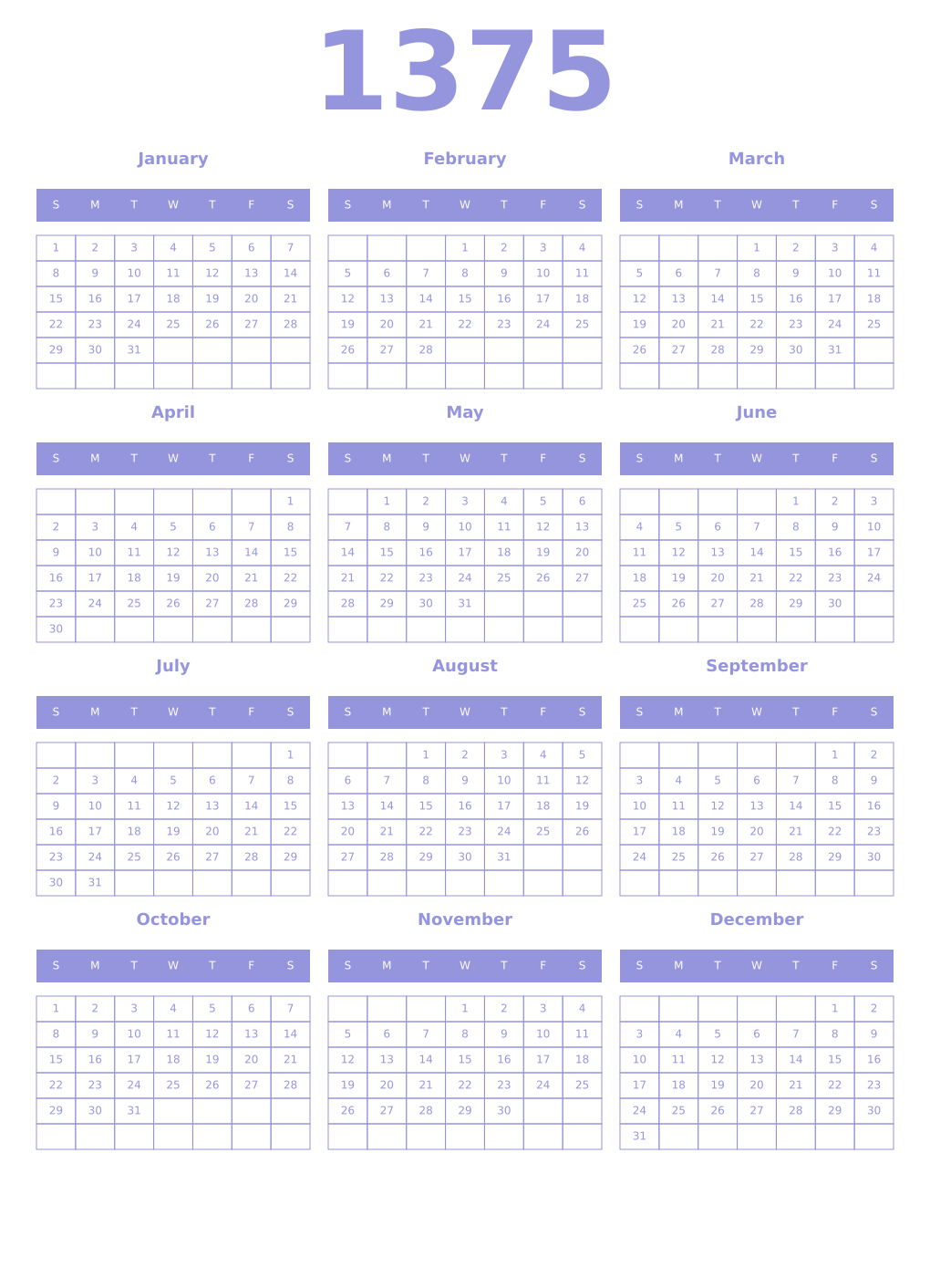 Printable 1375 Year Calendars periwinkle
