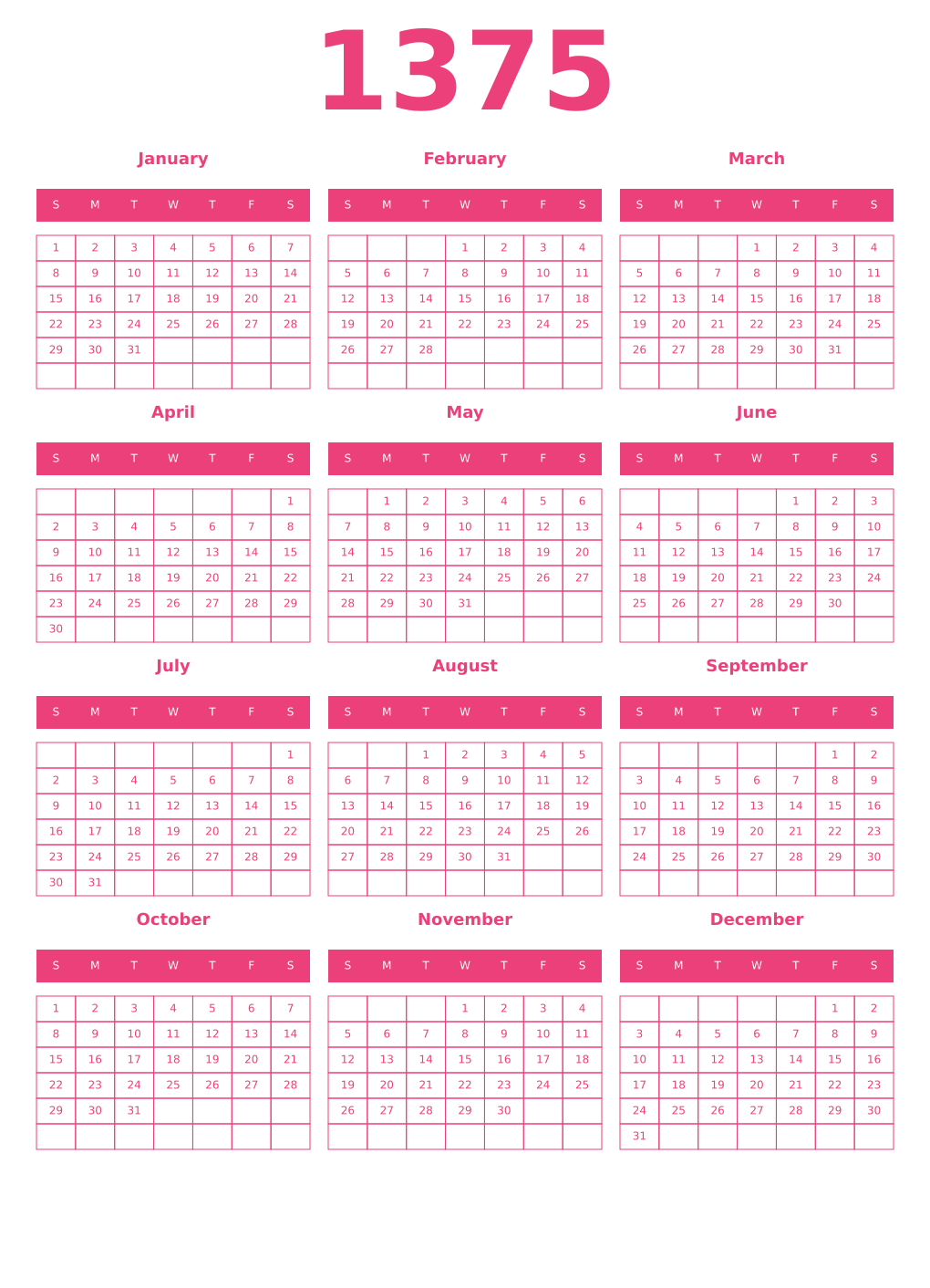 Printable 1375 Year Calendars pink