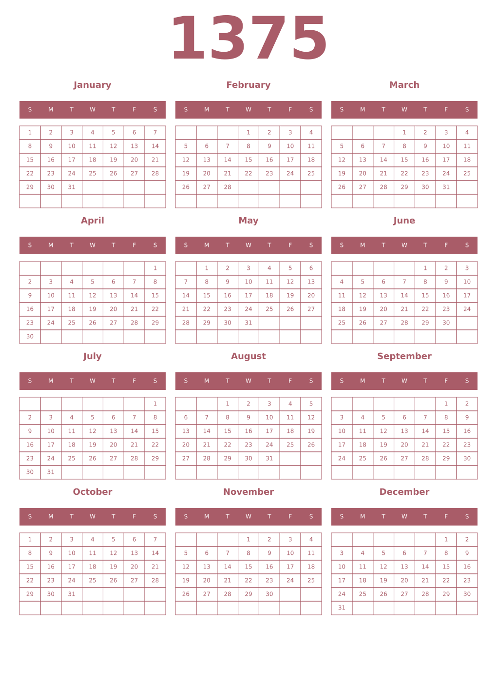 Printable 1375 Year Calendars puce