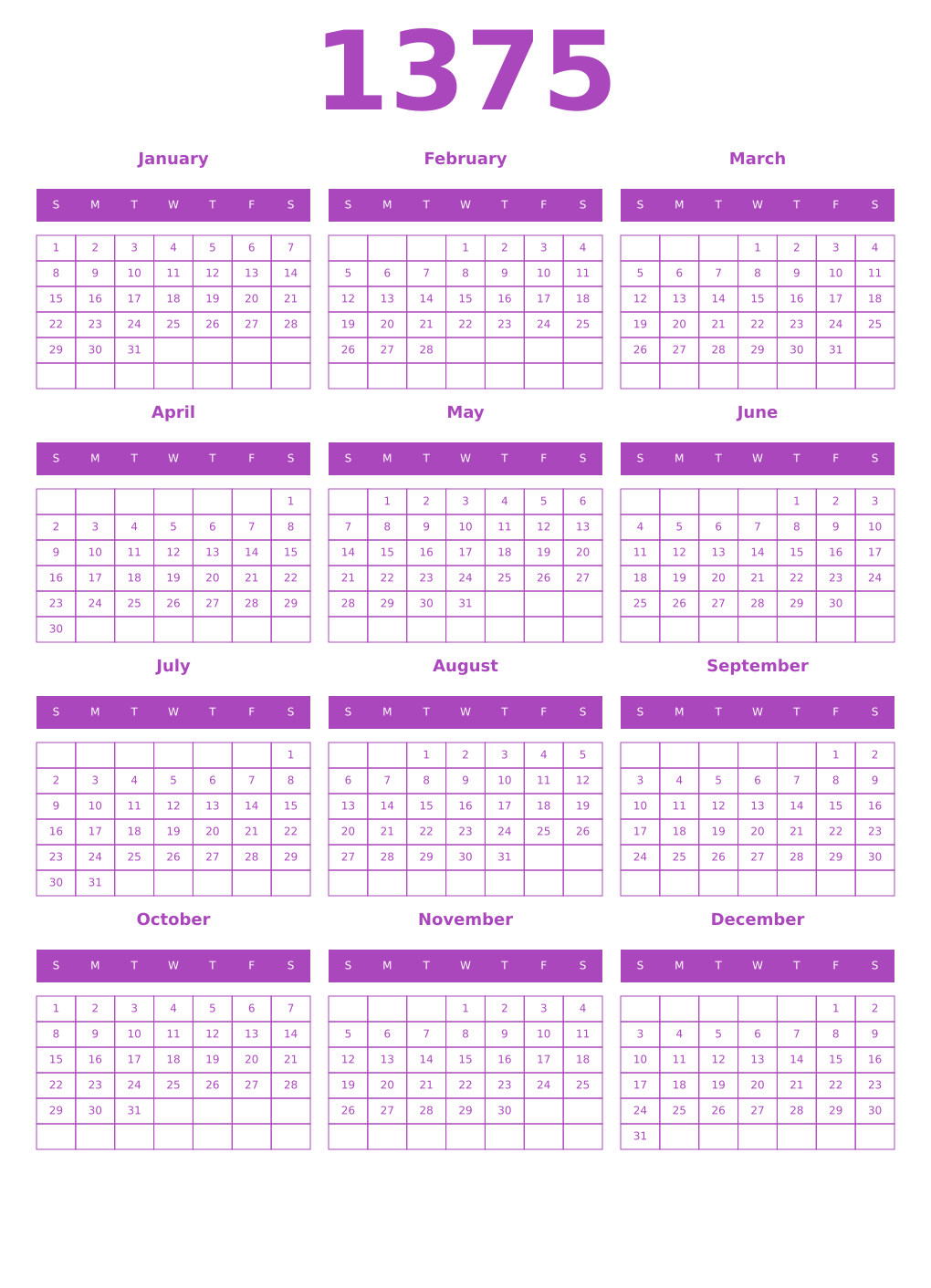 Printable 1375 Year Calendars purple