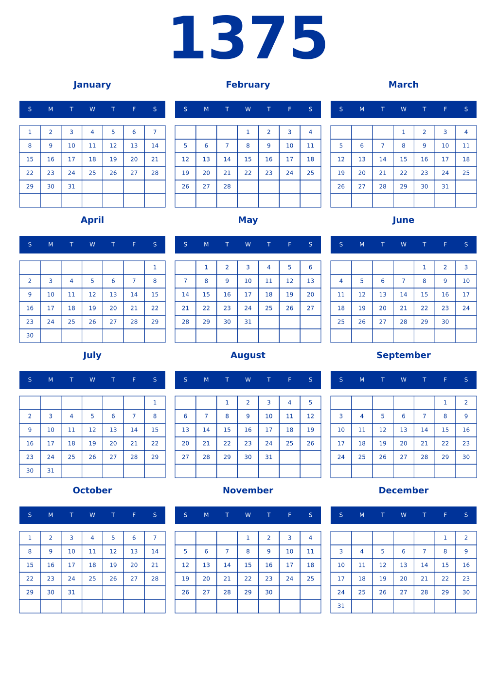 Printable 1375 Year Calendars smalt