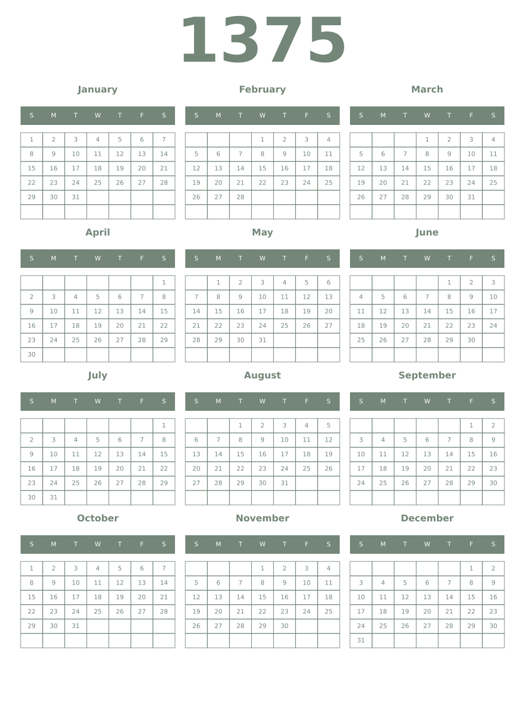 Printable 1375 Year Calendars xanadu