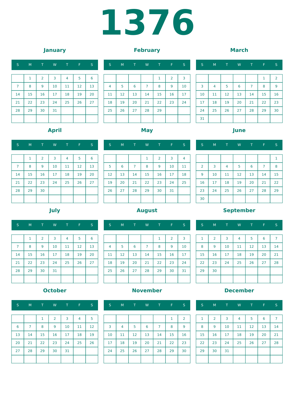Printable 1376 Year Calendars pastel
