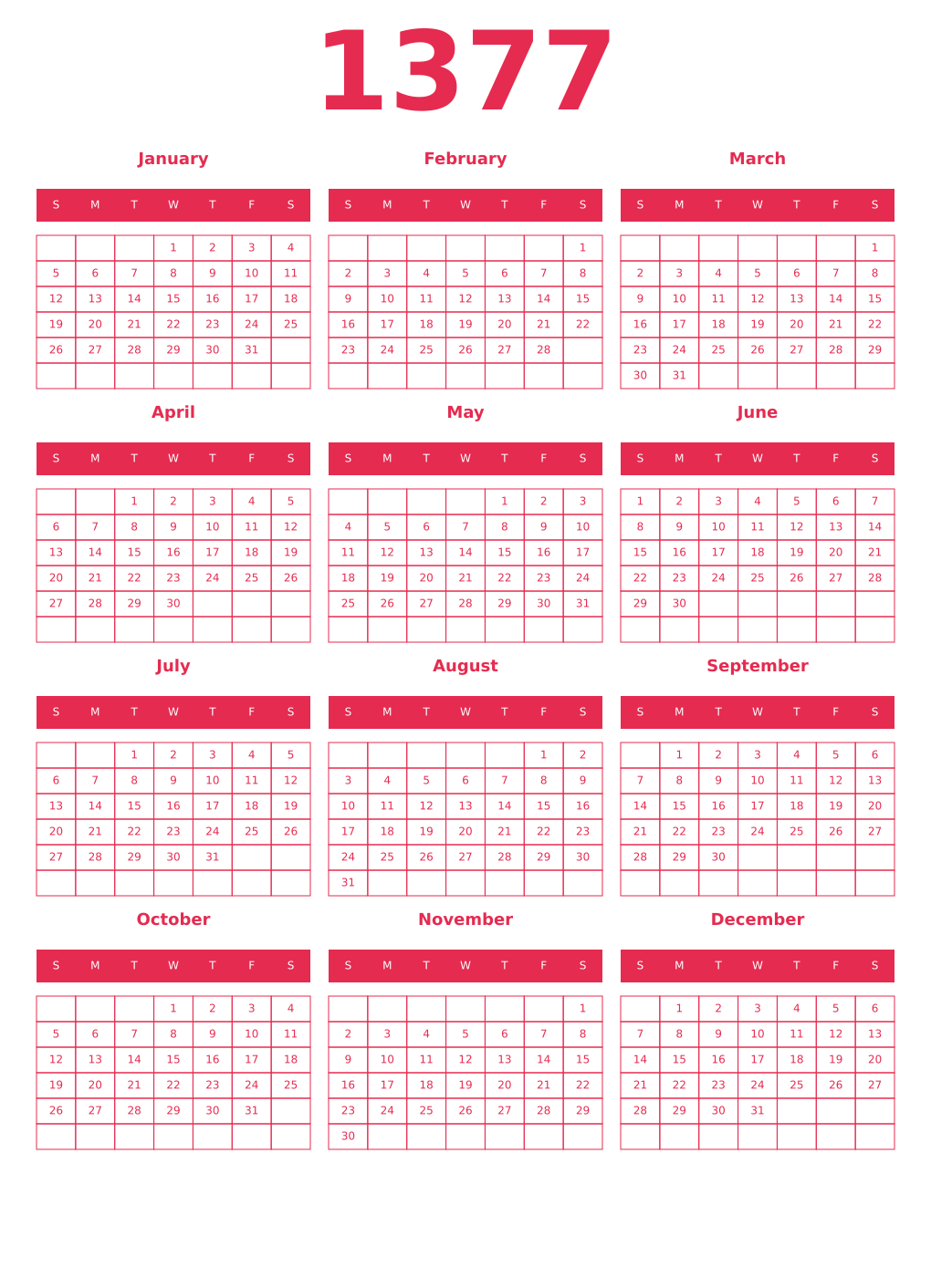 Printable 1377 Year Calendars amaranth
