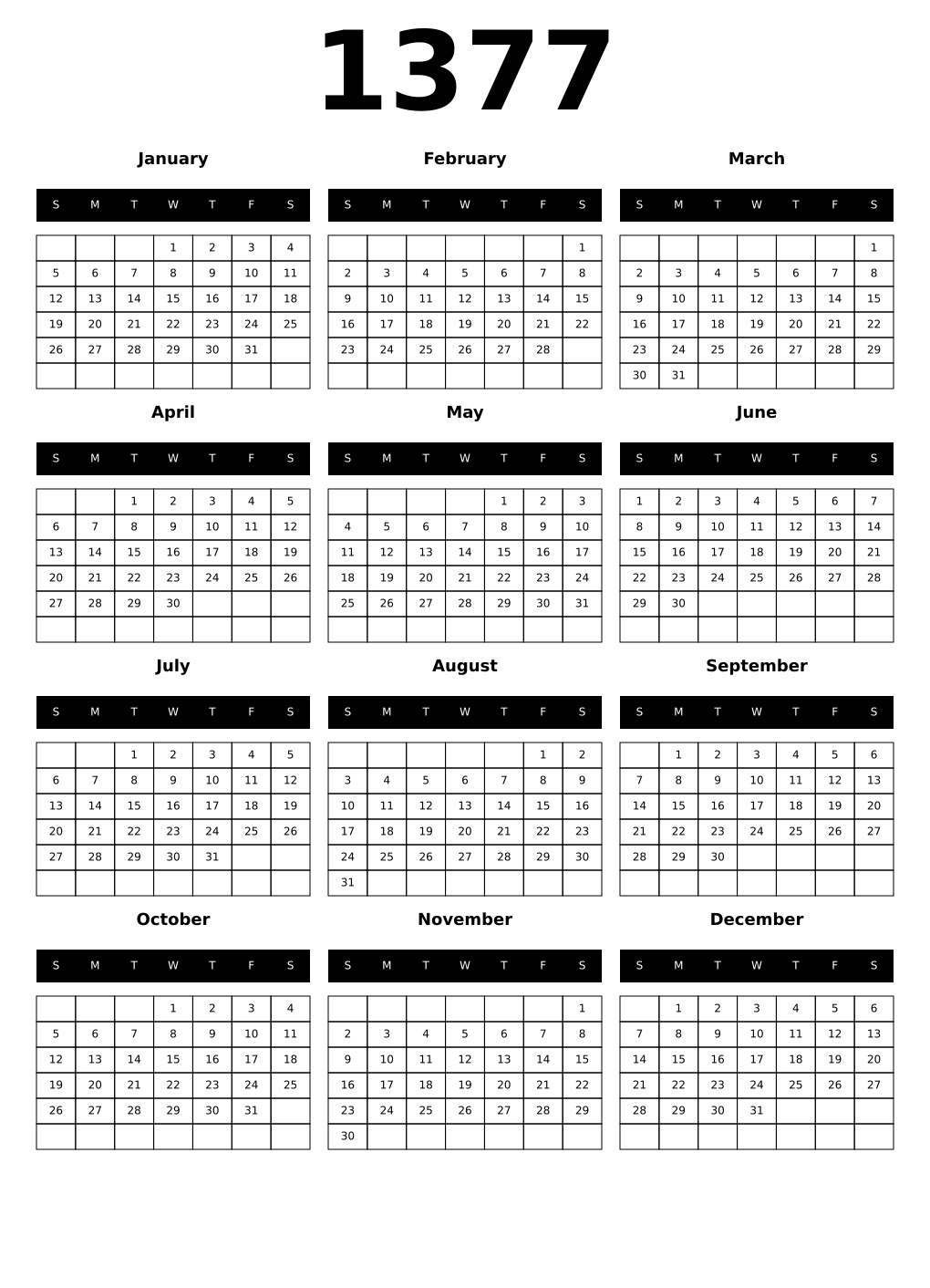 Printable 1377 Year Calendars black