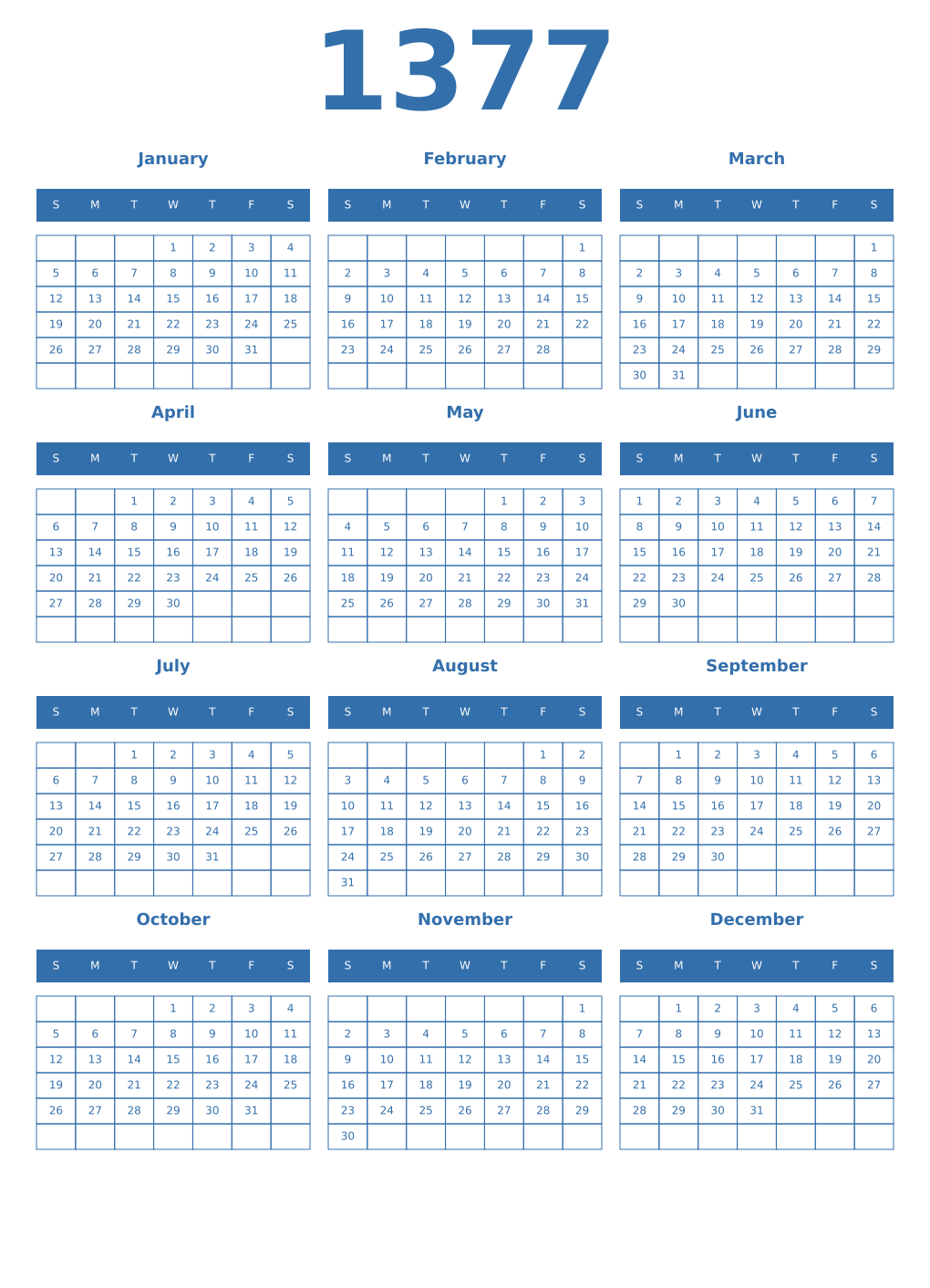 Printable 1377 Year Calendars blue