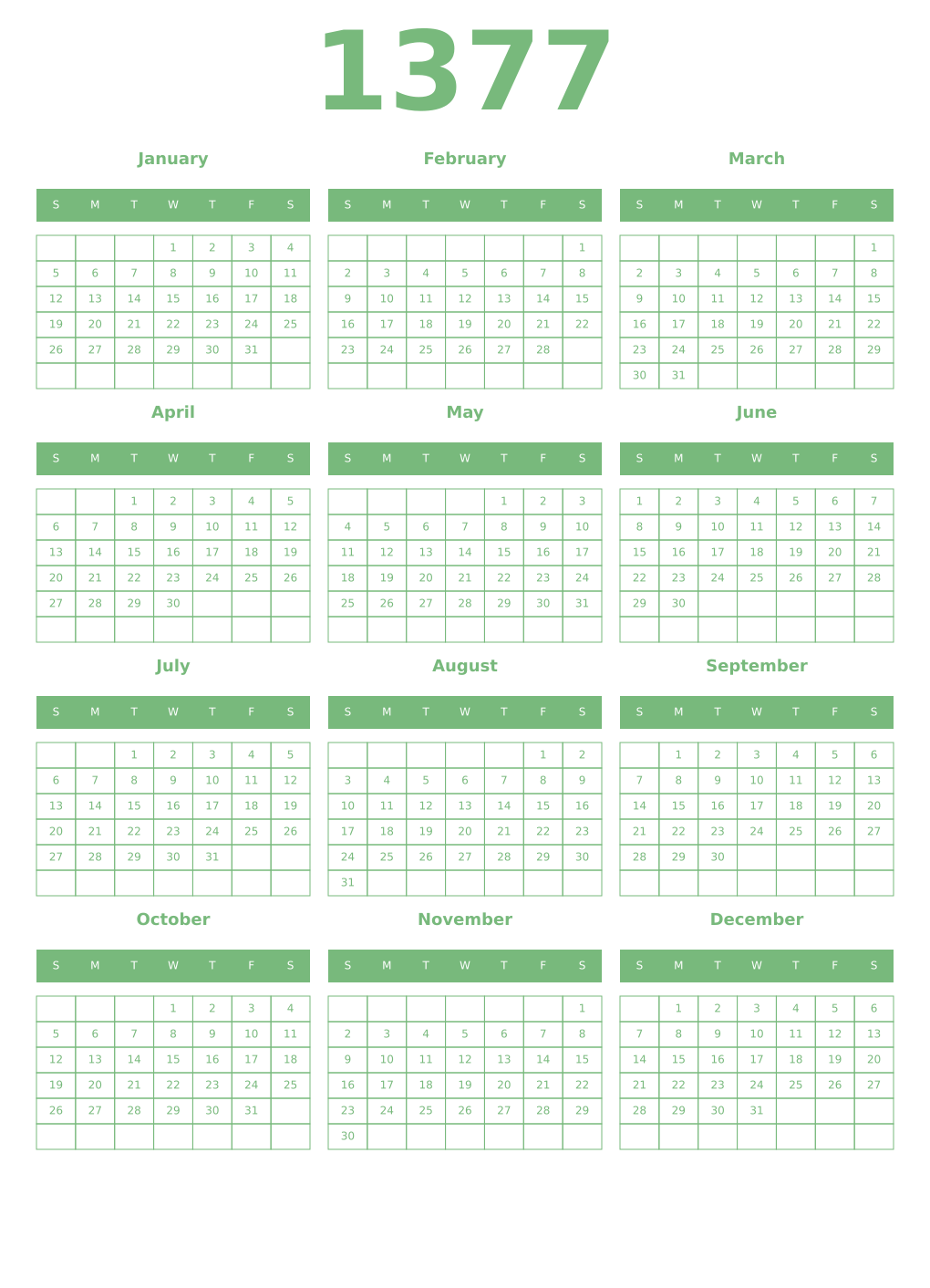 Printable 1377 Year Calendars celadon