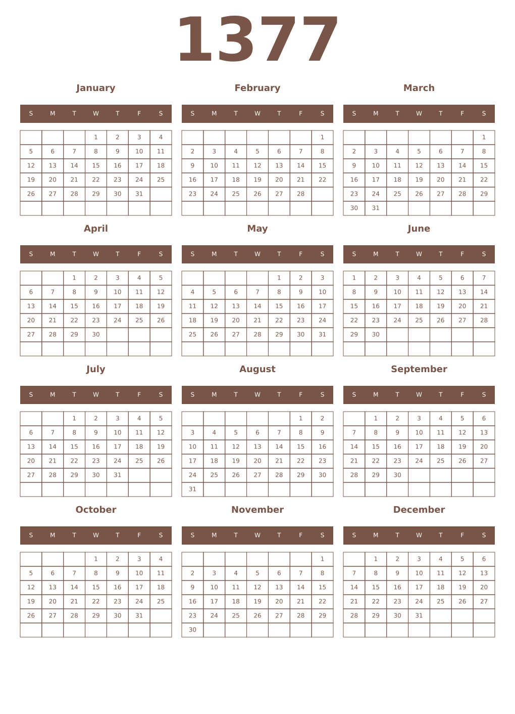 Printable 1377 Year Calendars coffe