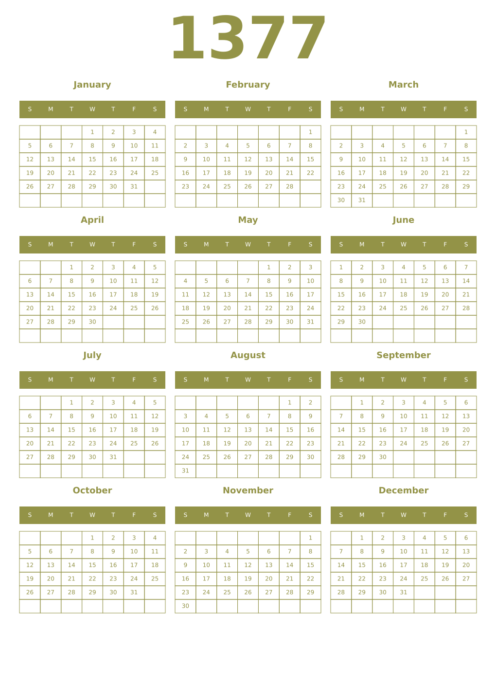 Printable 1377 Year Calendars eburnean