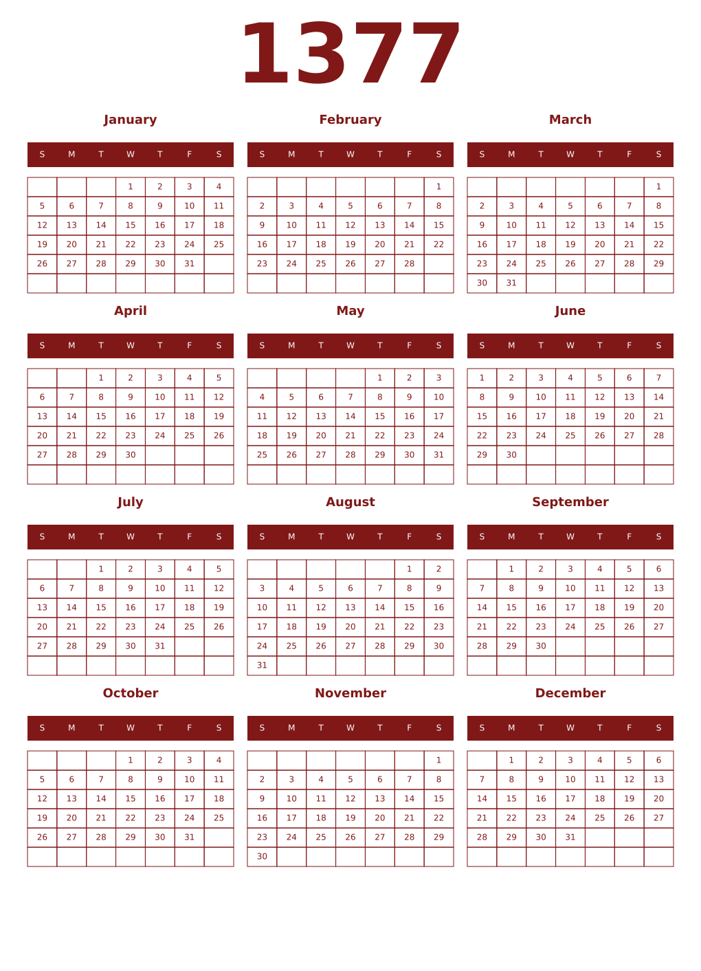Printable 1377 Year Calendars falu