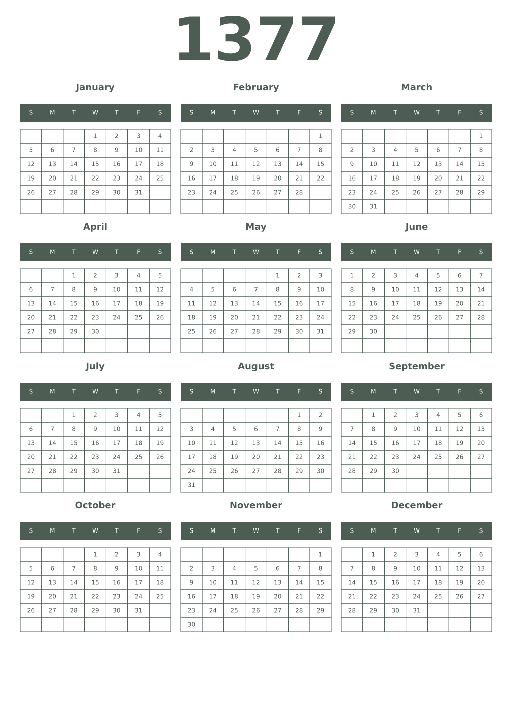 Printable 1377 Year Calendars feldgrau