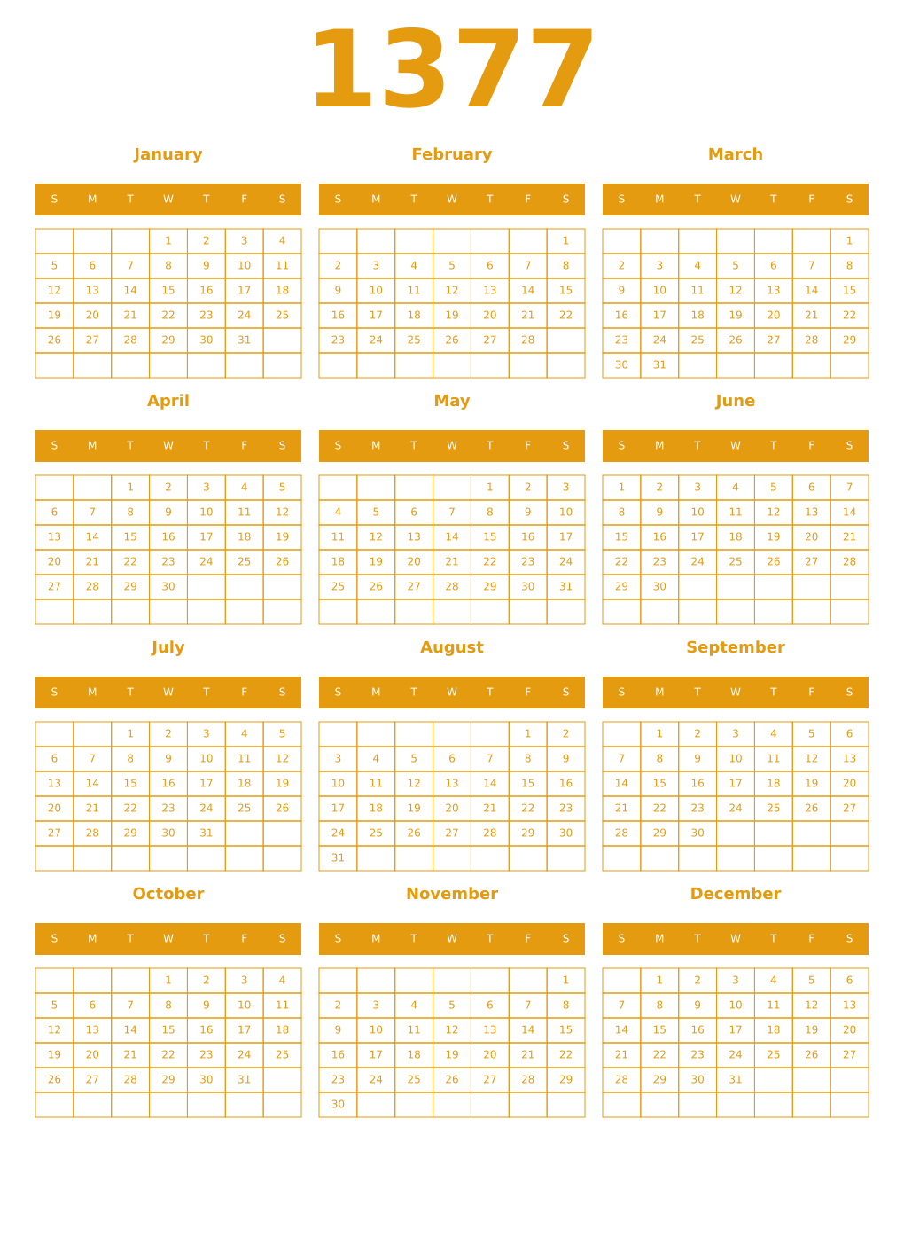 Printable 1377 Year Calendars gamboge