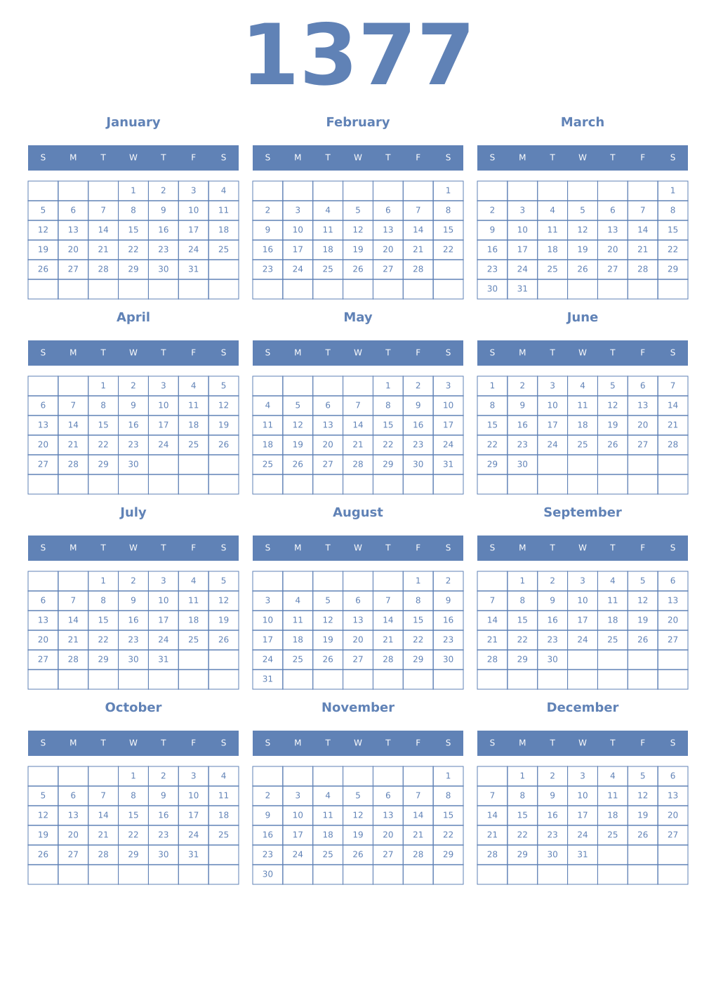 Printable 1377 Year Calendars glaucous