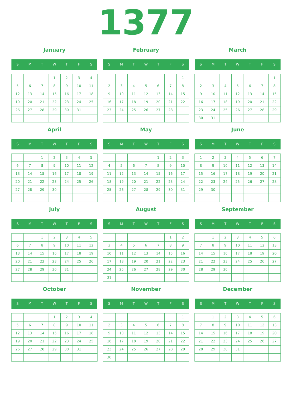 Printable 1377 Year Calendars green