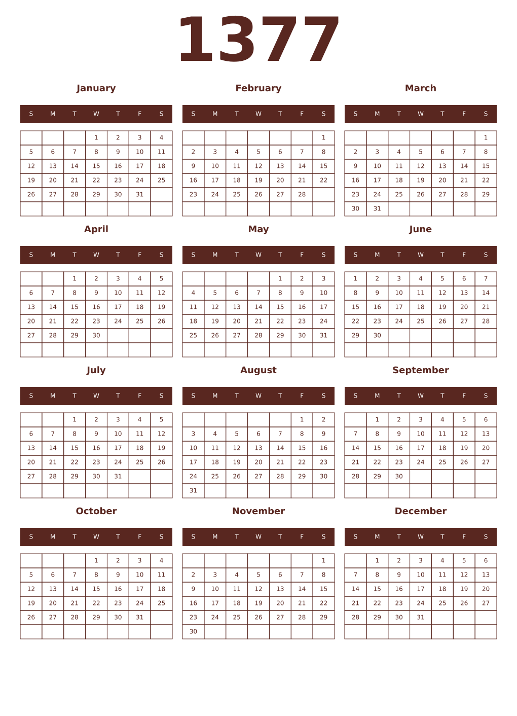 Printable 1377 Year Calendars mortuum