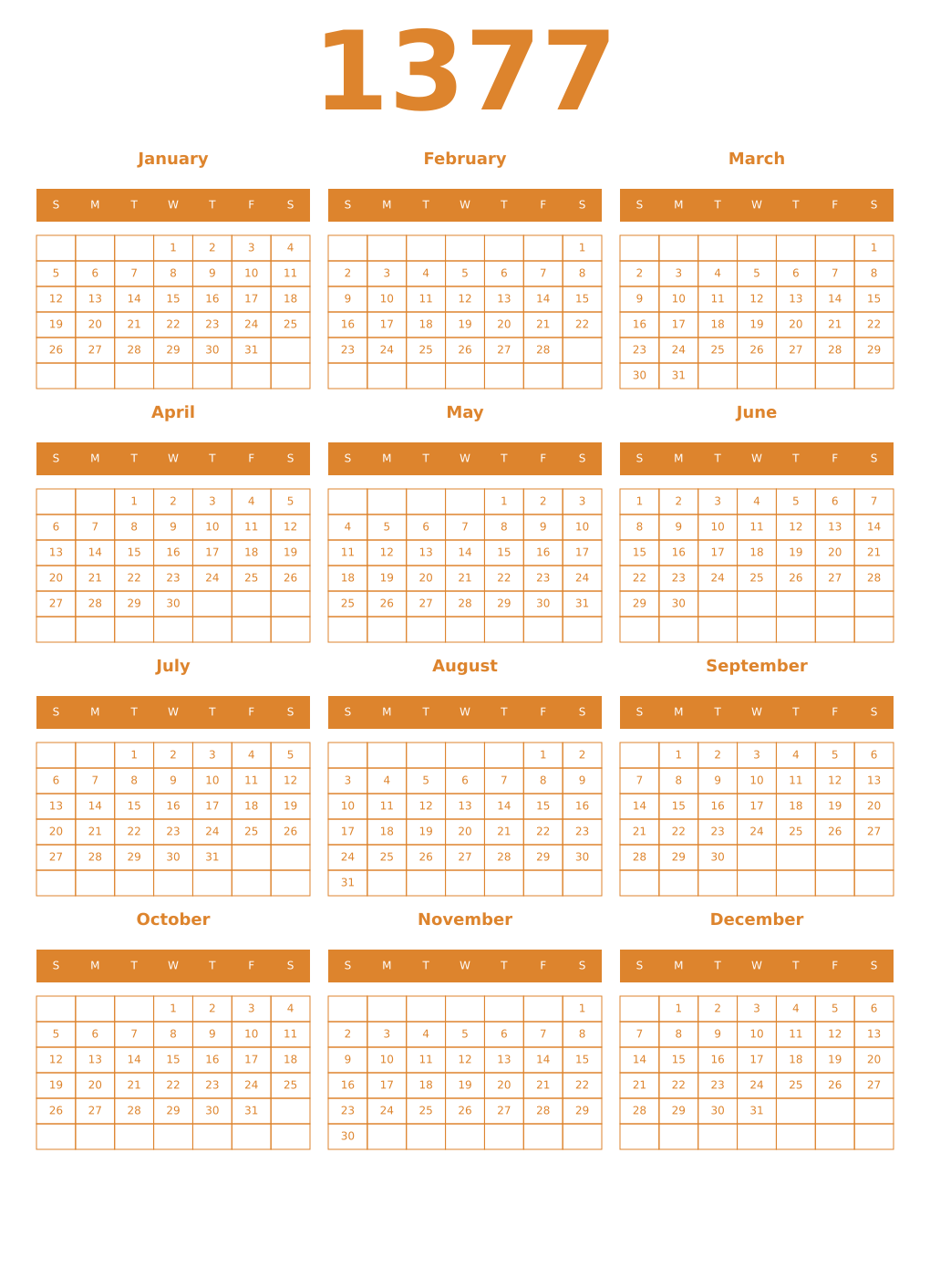 Printable 1377 Year Calendars orange