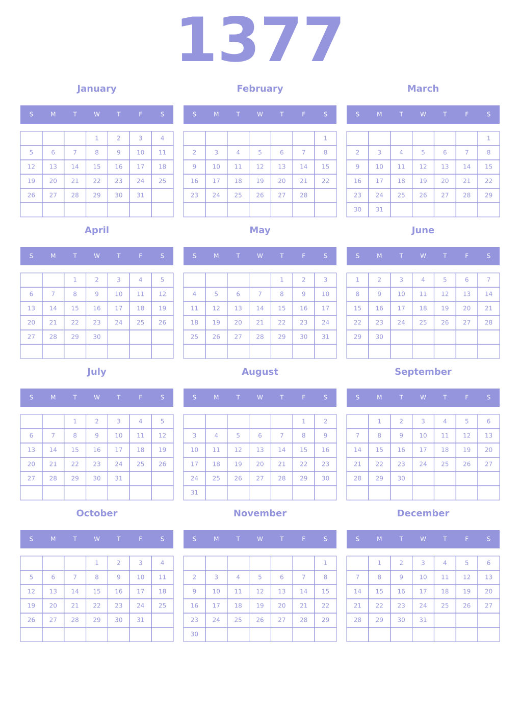 Printable 1377 Year Calendars periwinkle
