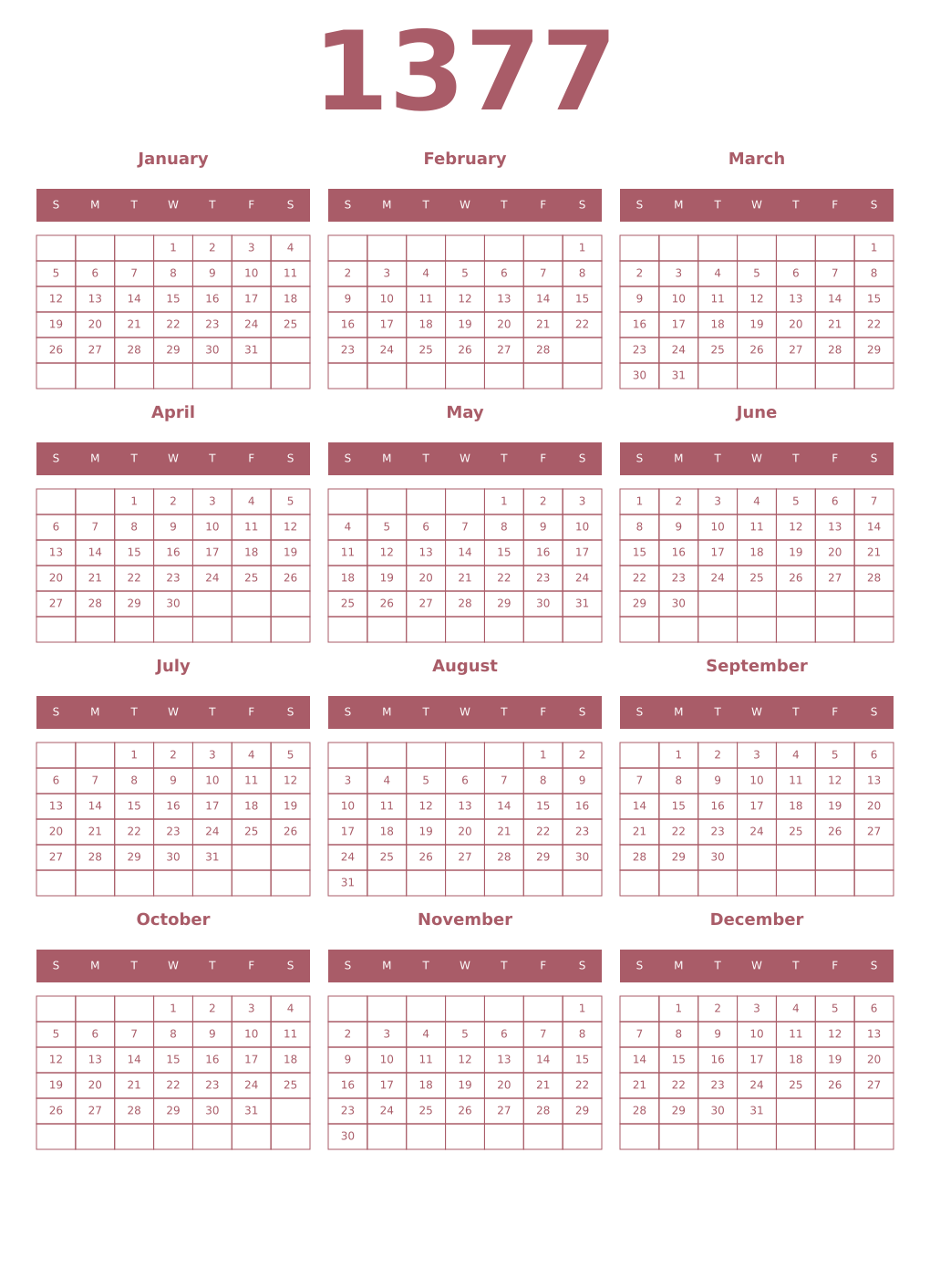 Printable 1377 Year Calendars puce