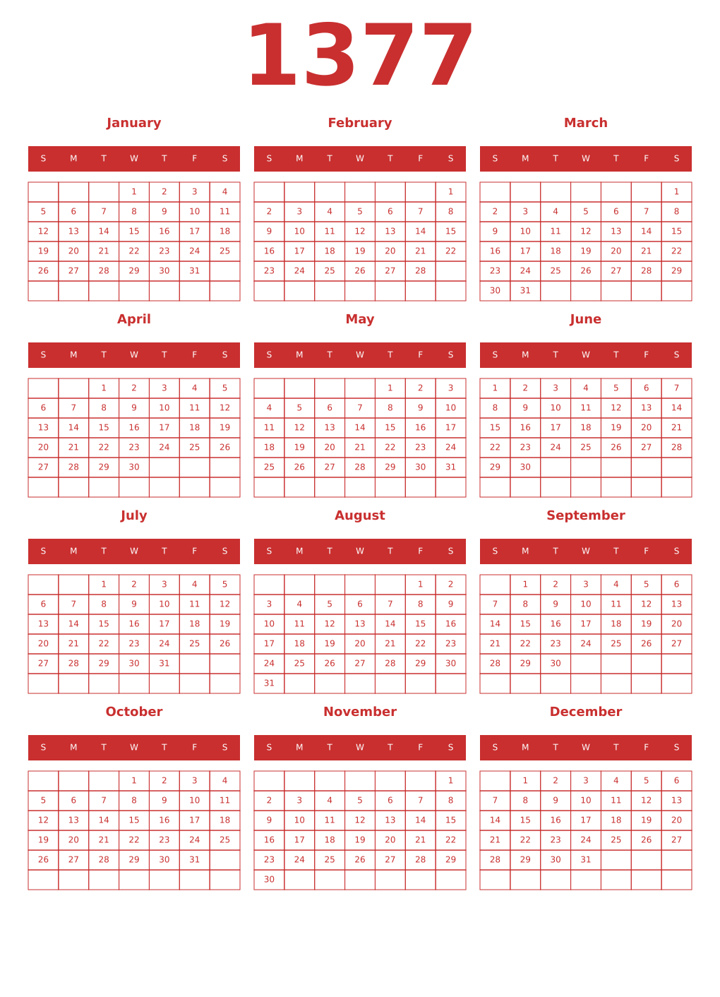 Printable 1377 Year Calendars red