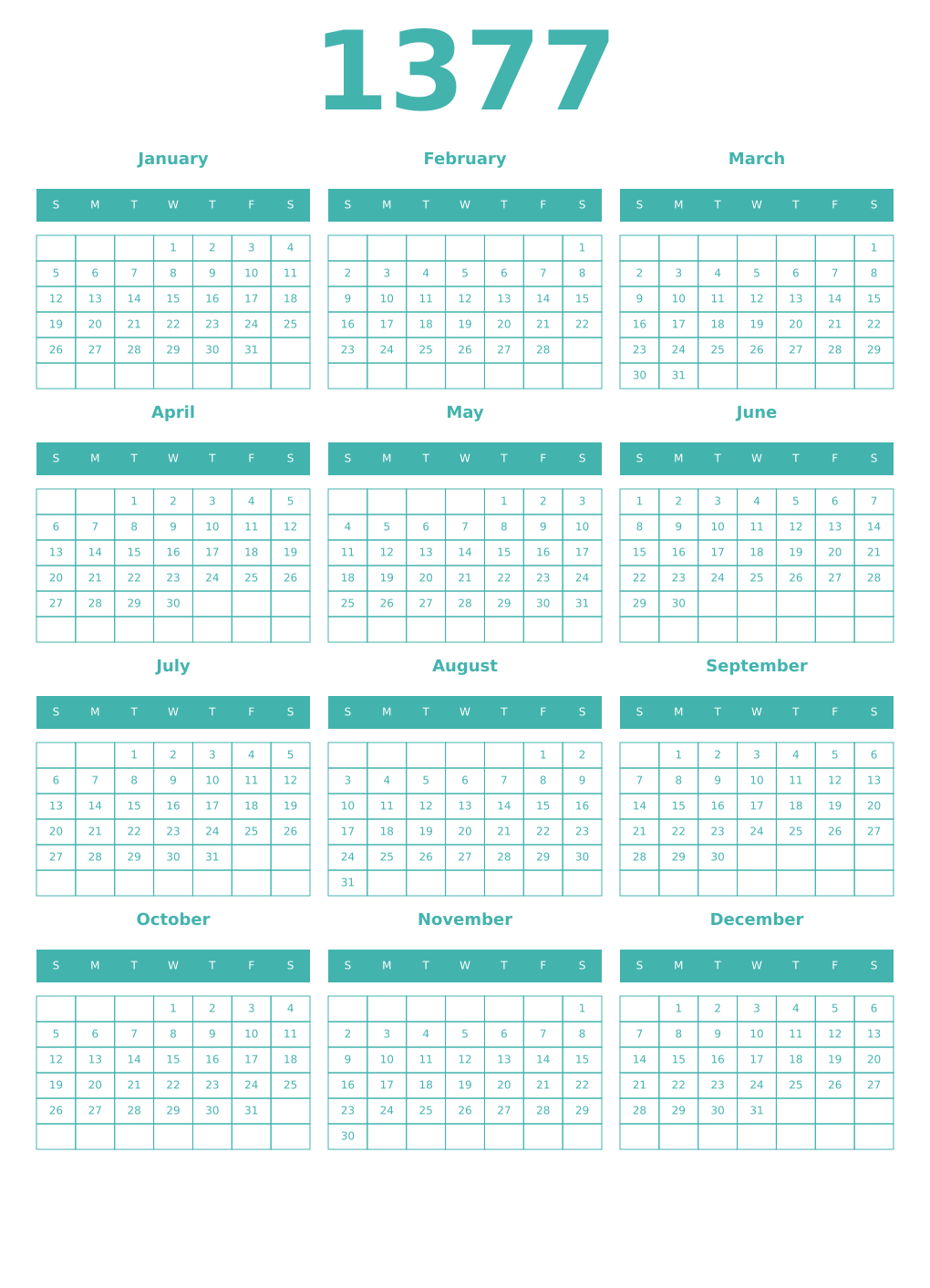 Printable 1377 Year Calendars verdigris