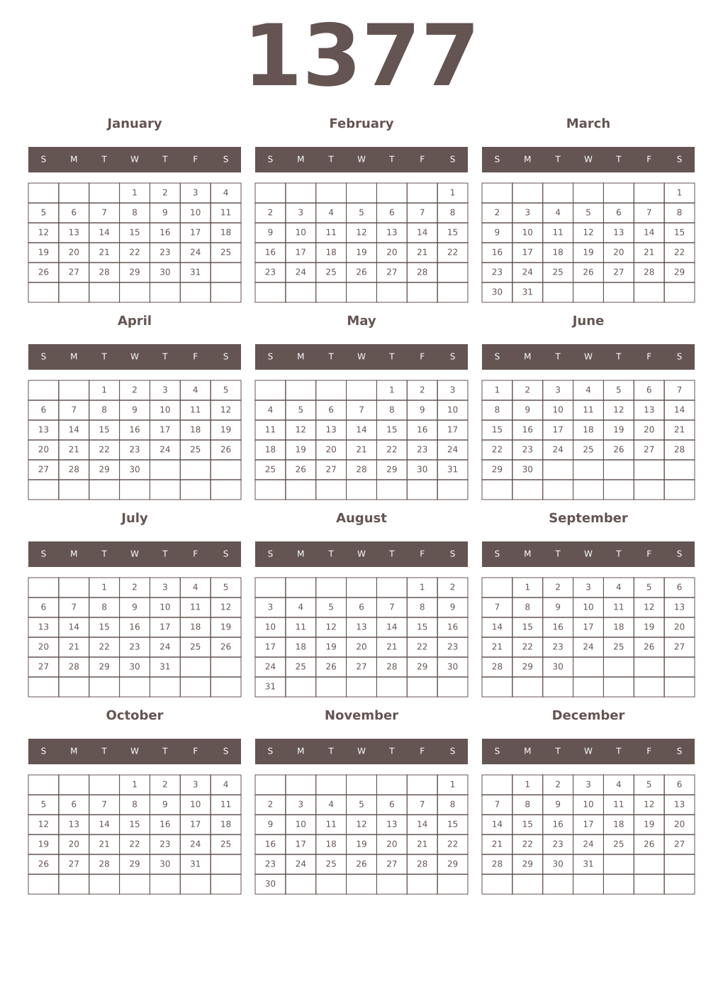 Printable 1377 Year Calendars wenge