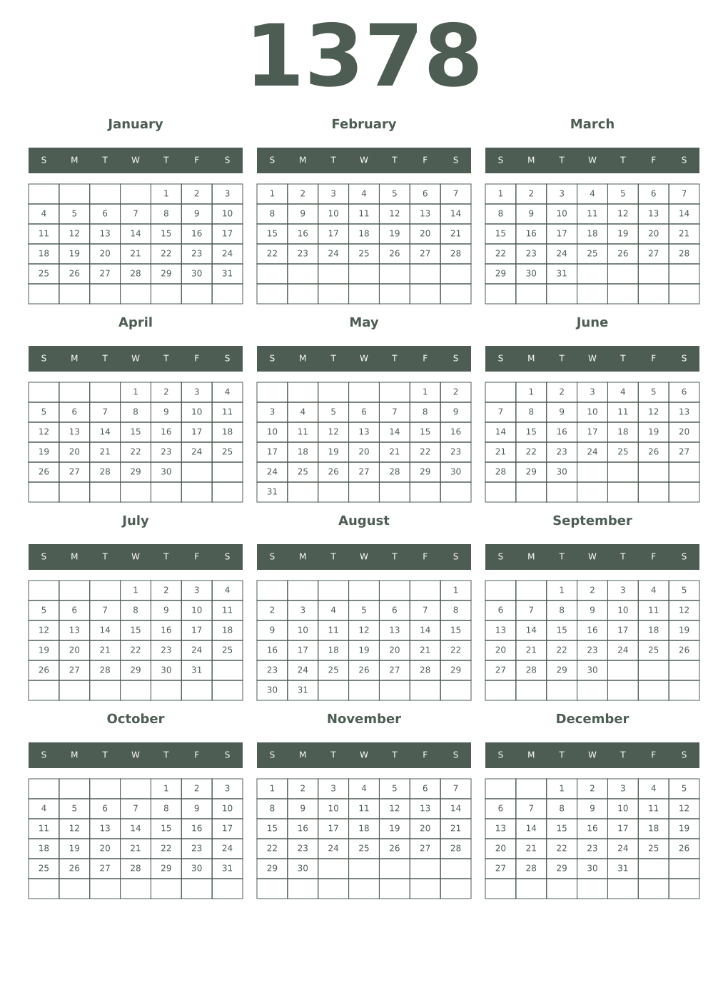 Printable 1378 Year Calendars feldgrau