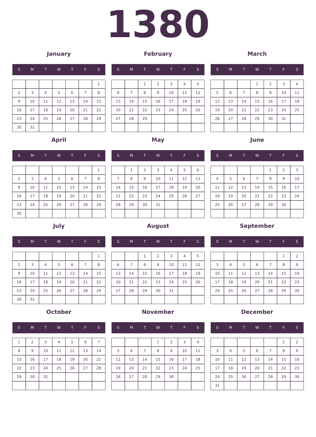Printable 1380 Year Calendars aubergine