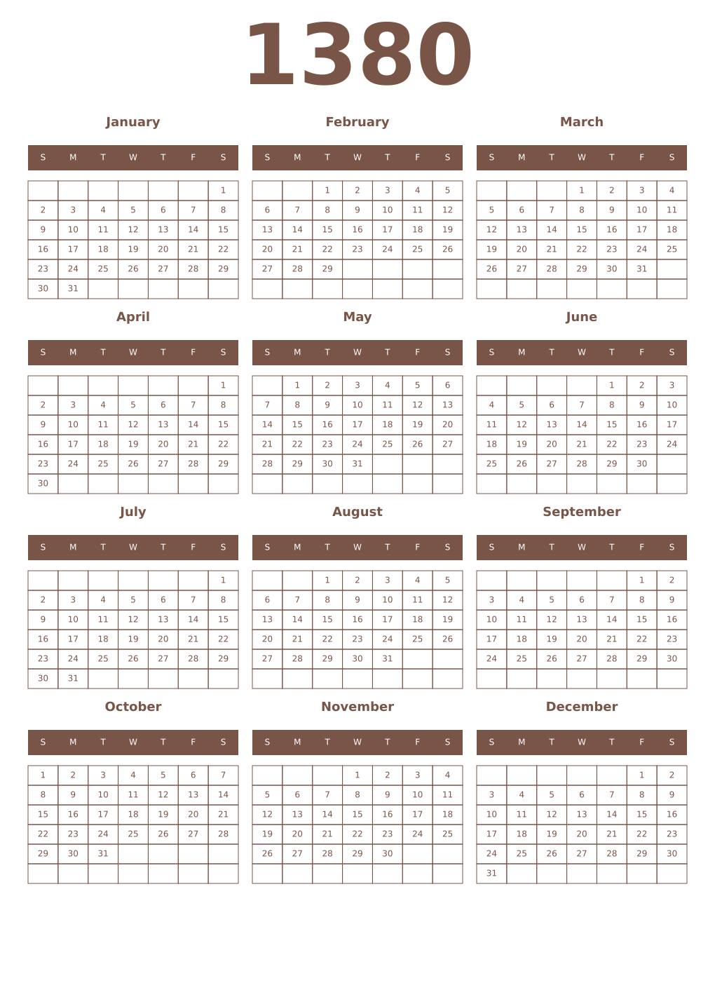 Printable 1380 Year Calendars coffe