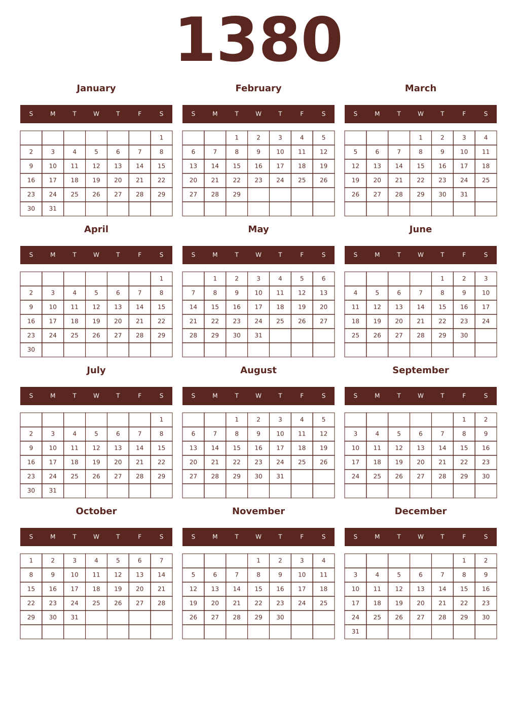 Printable 1380 Year Calendars mortuum