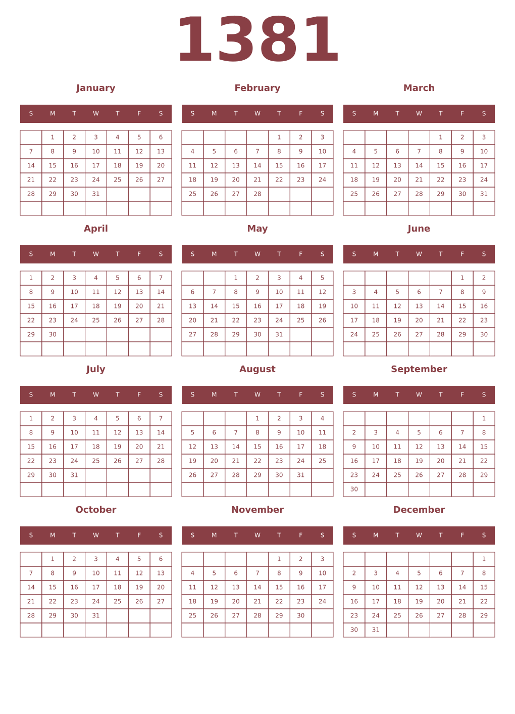 Printable 1381 Year Calendars cordovan