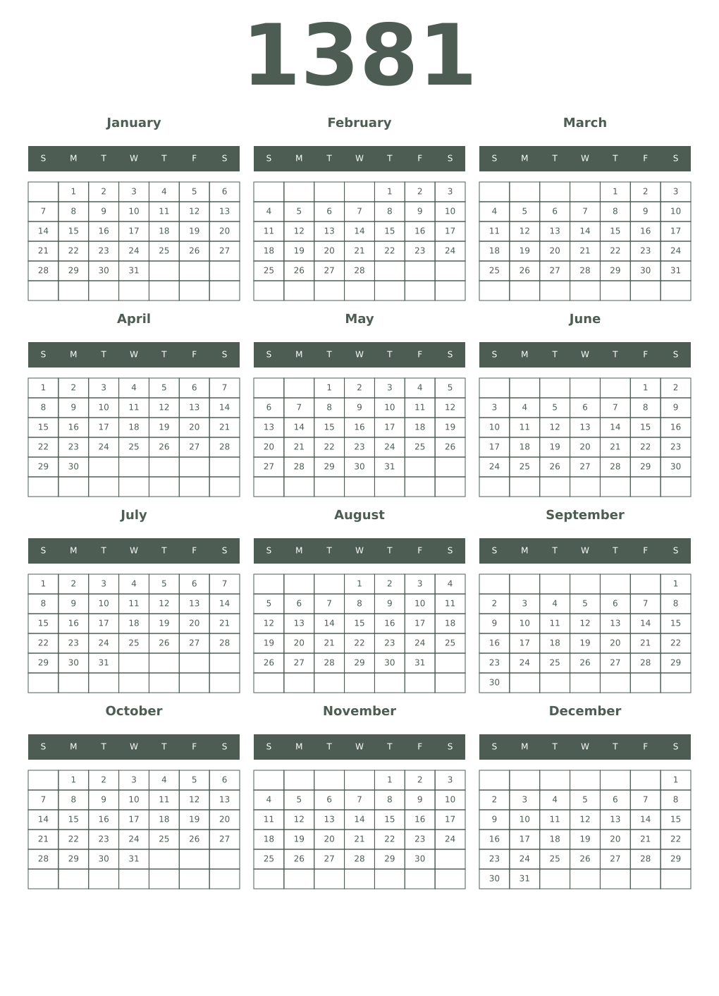 Printable 1381 Year Calendars feldgrau