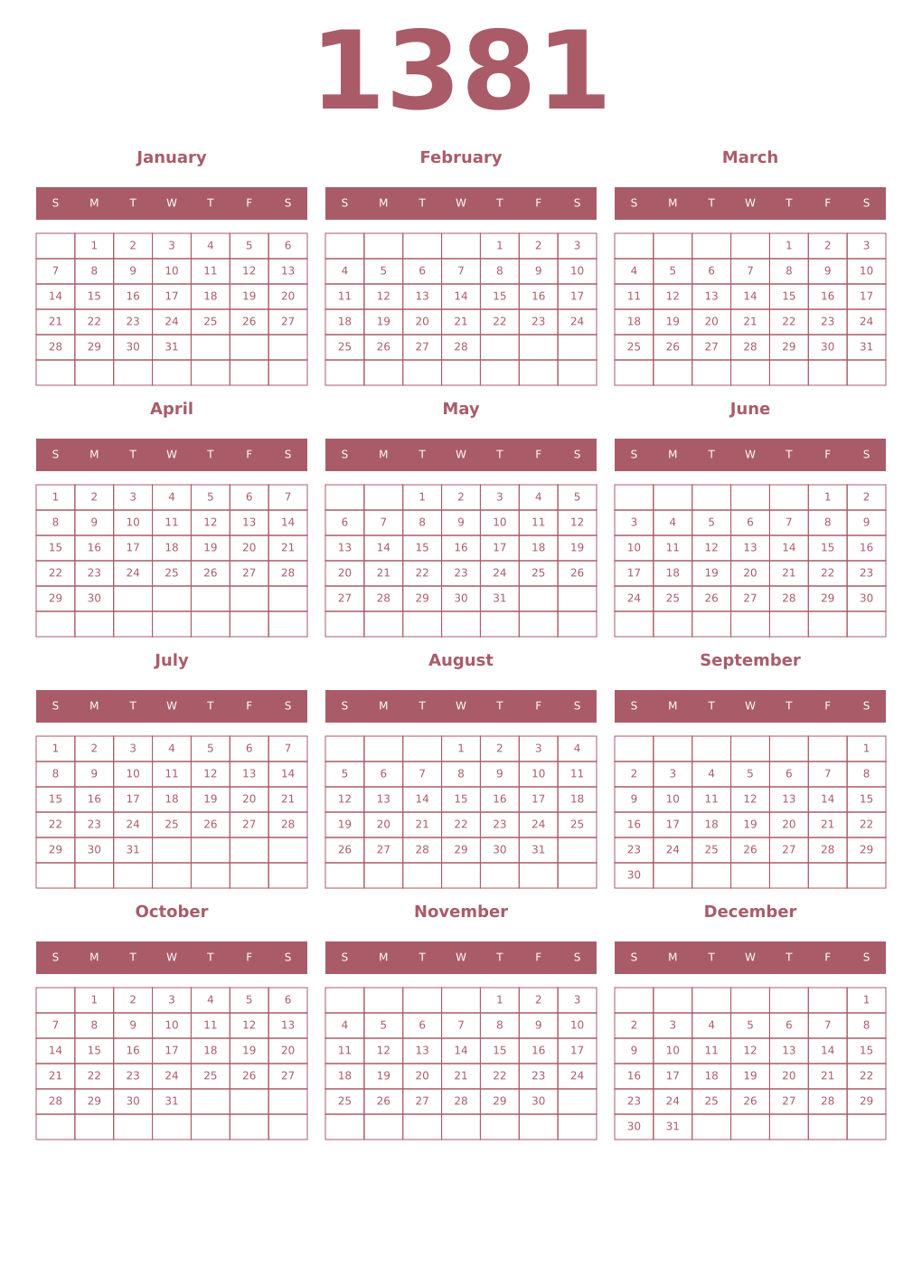 Printable 1381 Year Calendars puce