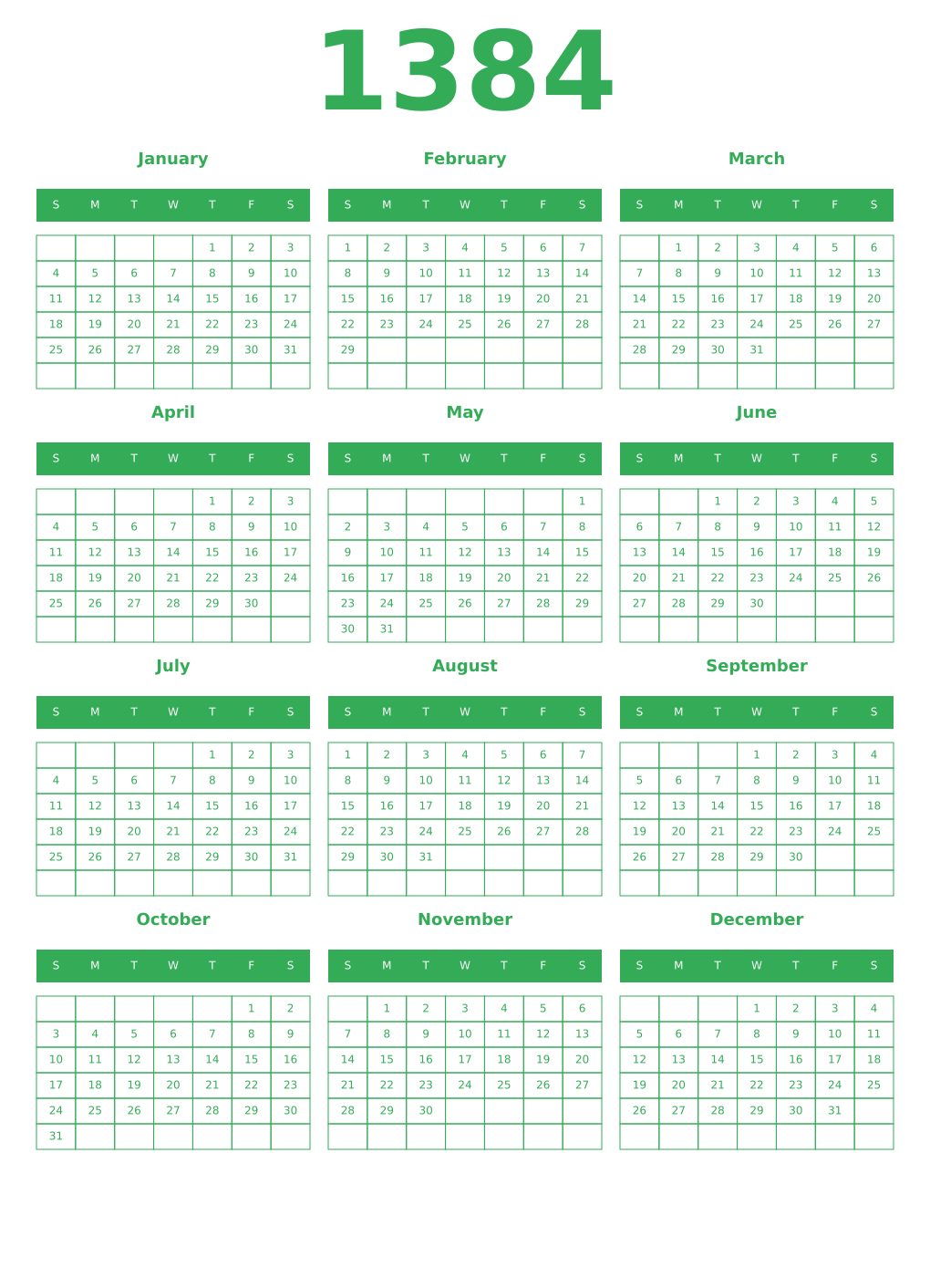 Printable 1384 Year Calendars green