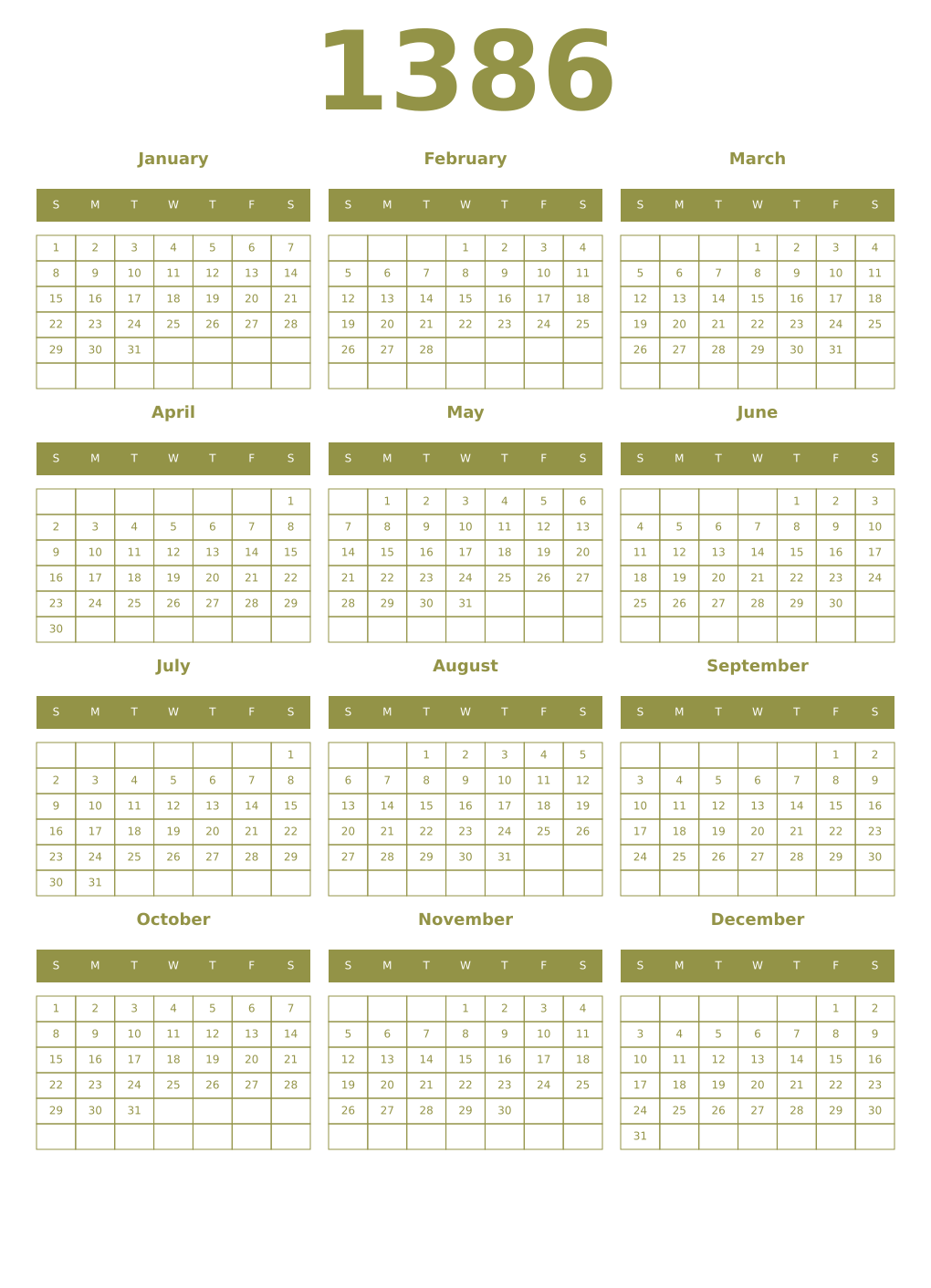 Printable 1386 Year Calendars eburnean