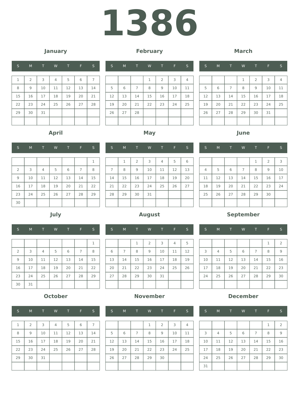 Printable 1386 Year Calendars feldgrau