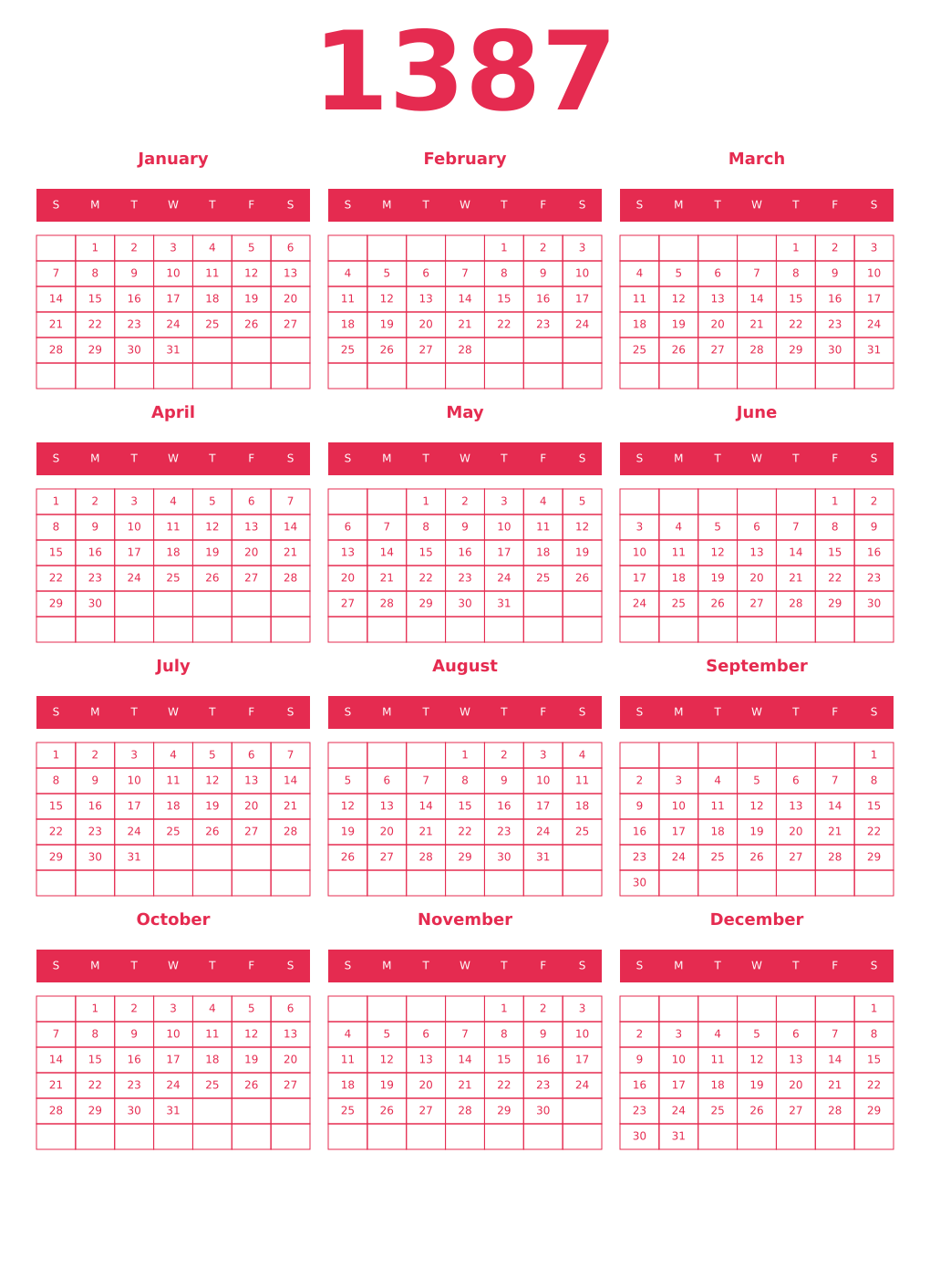 Printable 1387 Year Calendars amaranth