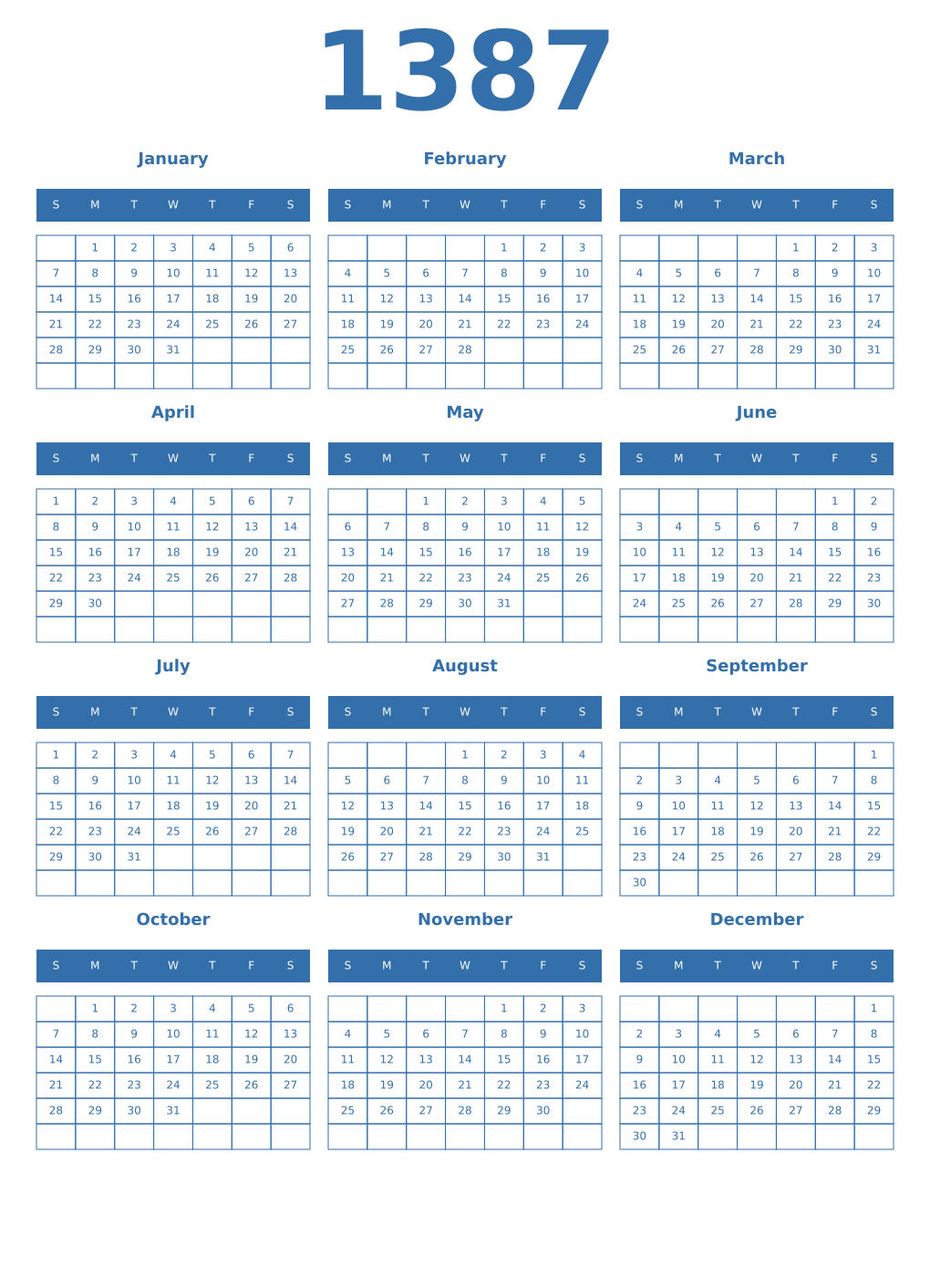 Printable 1387 Year Calendars blue