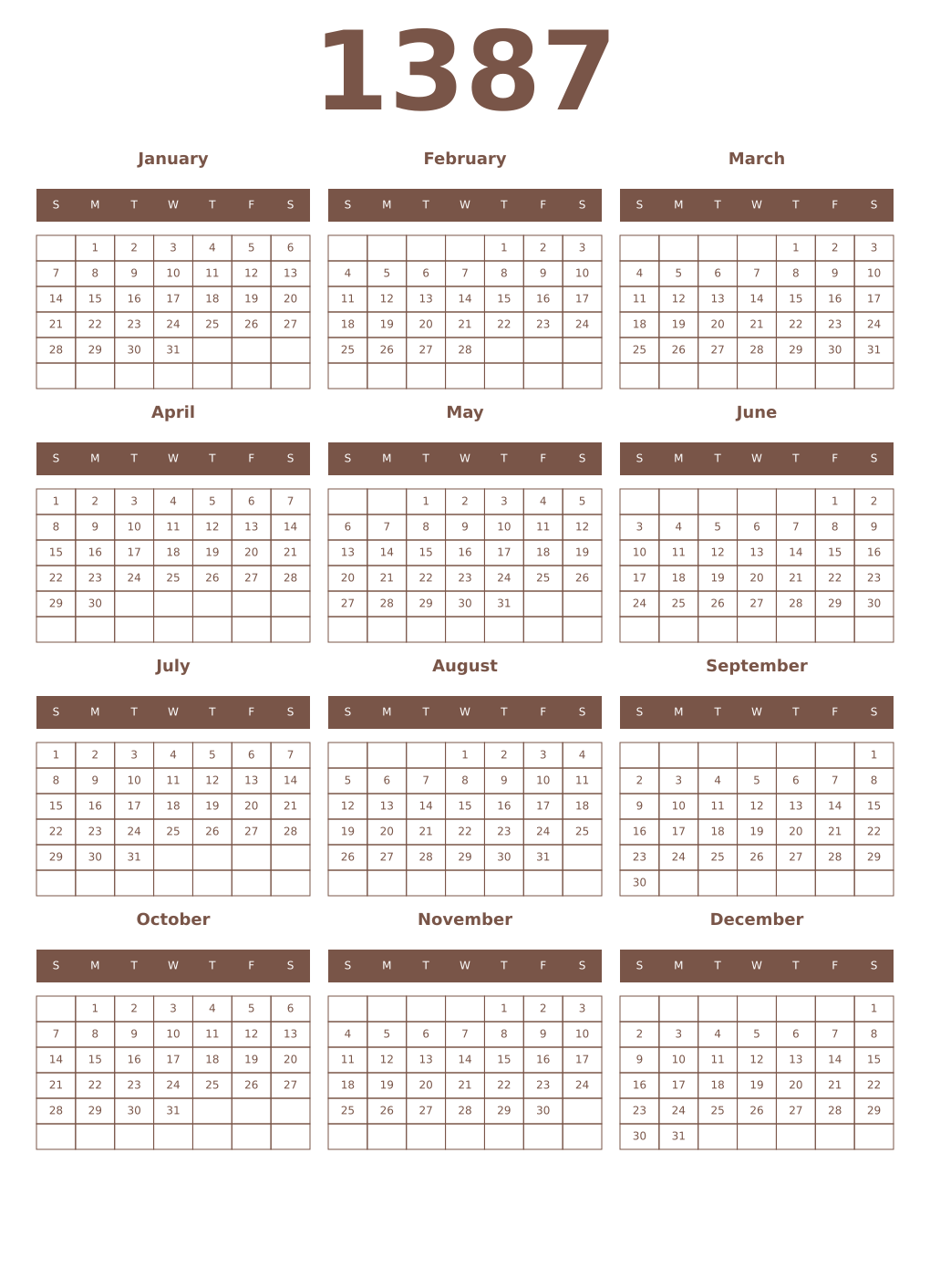 Printable 1387 Year Calendars coffe