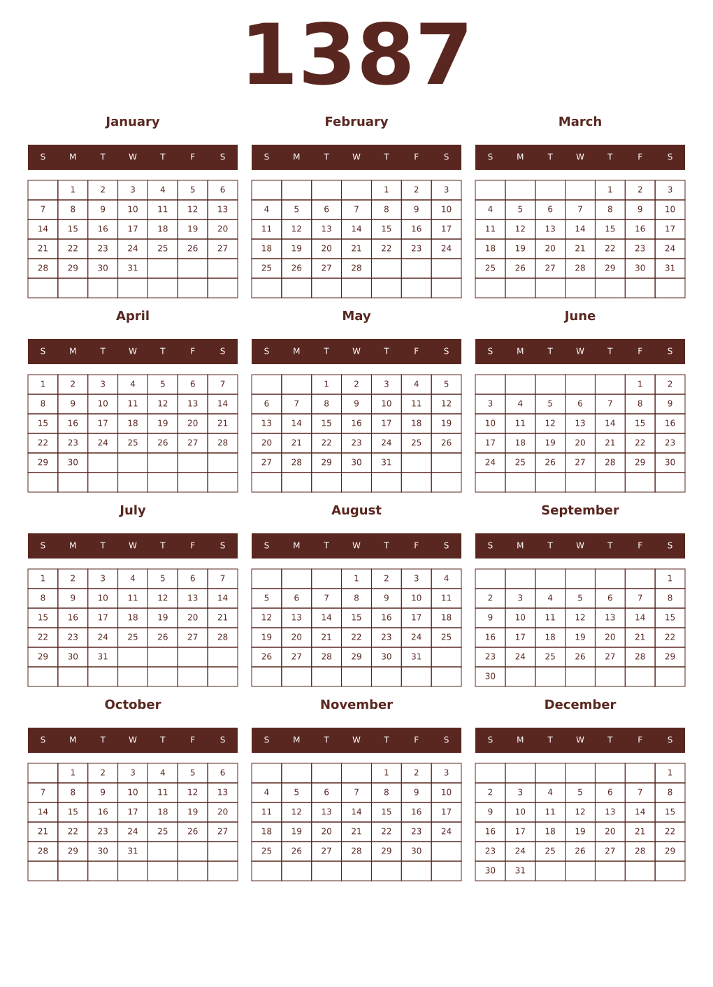 Printable 1387 Year Calendars mortuum