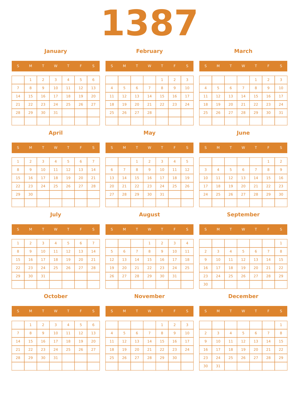 Printable 1387 Year Calendars orange