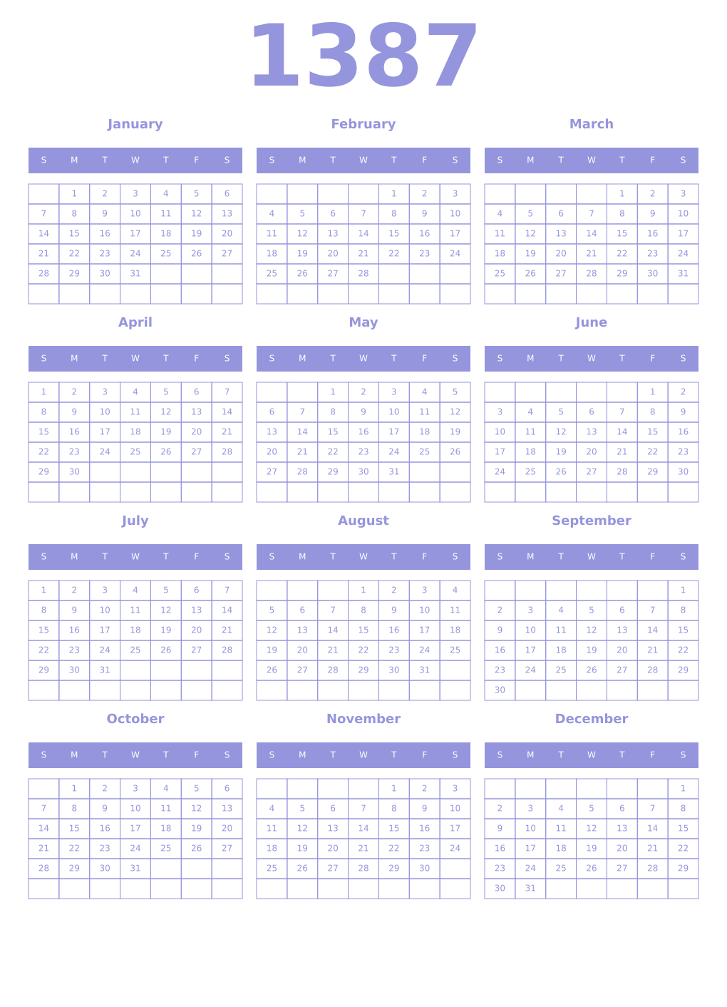 Printable 1387 Year Calendars periwinkle