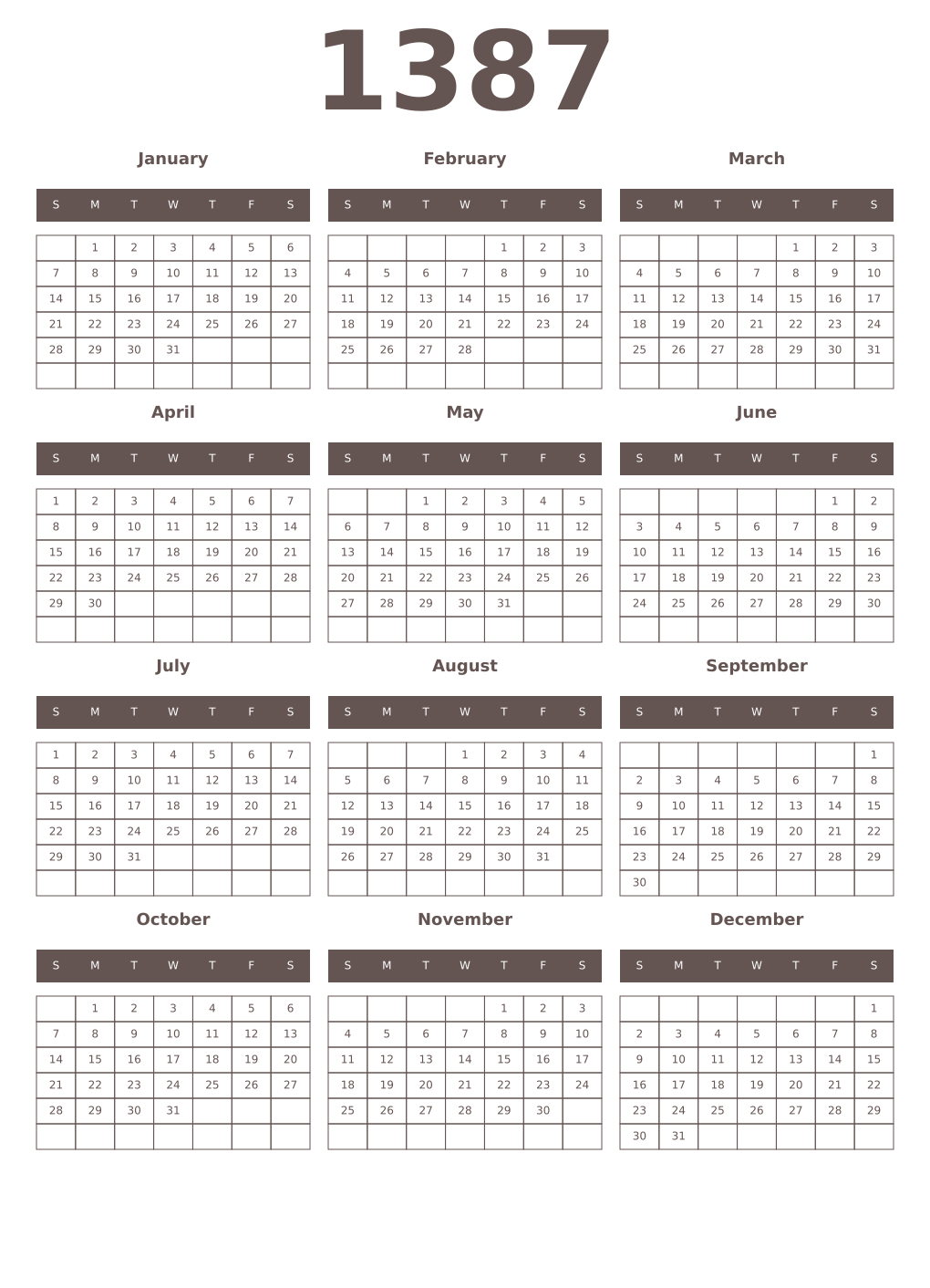 Printable 1387 Year Calendars wenge