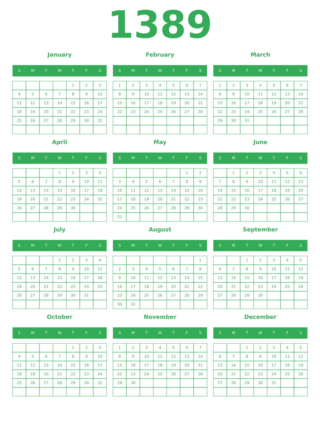 Printable 1389 Year Calendars green