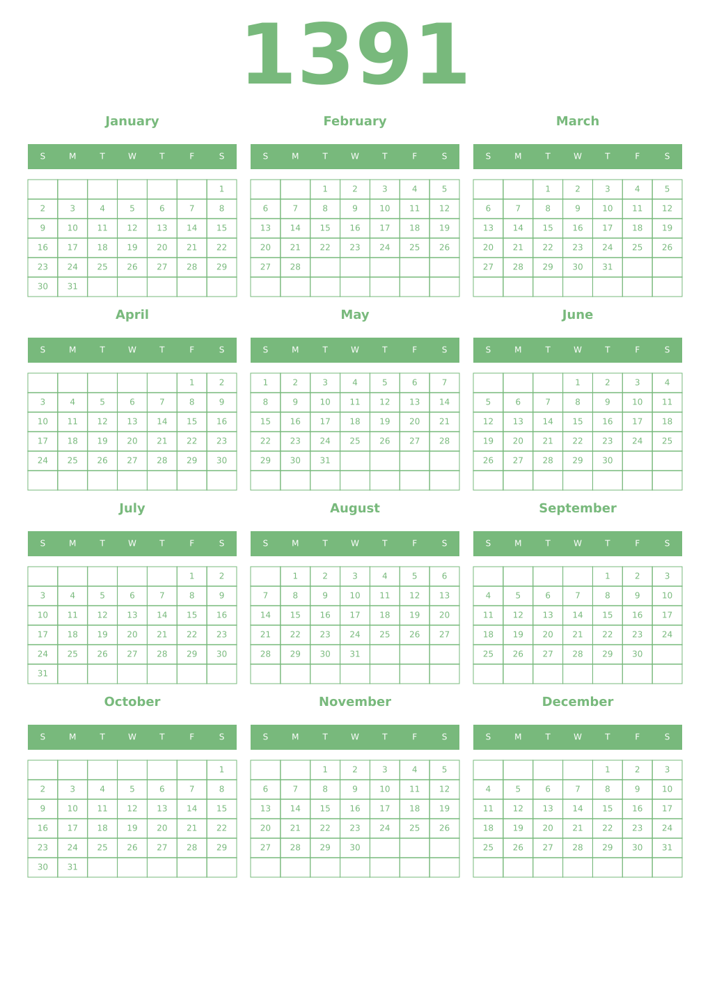 Printable 1391 Year Calendars celadon