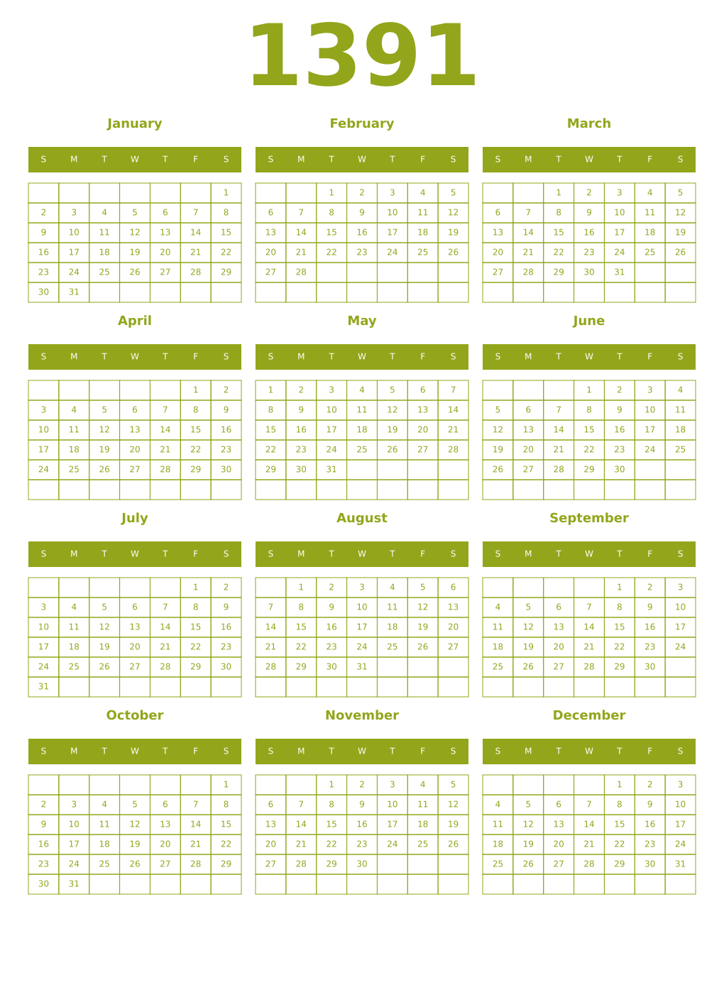 Printable 1391 Year Calendars chartreuse