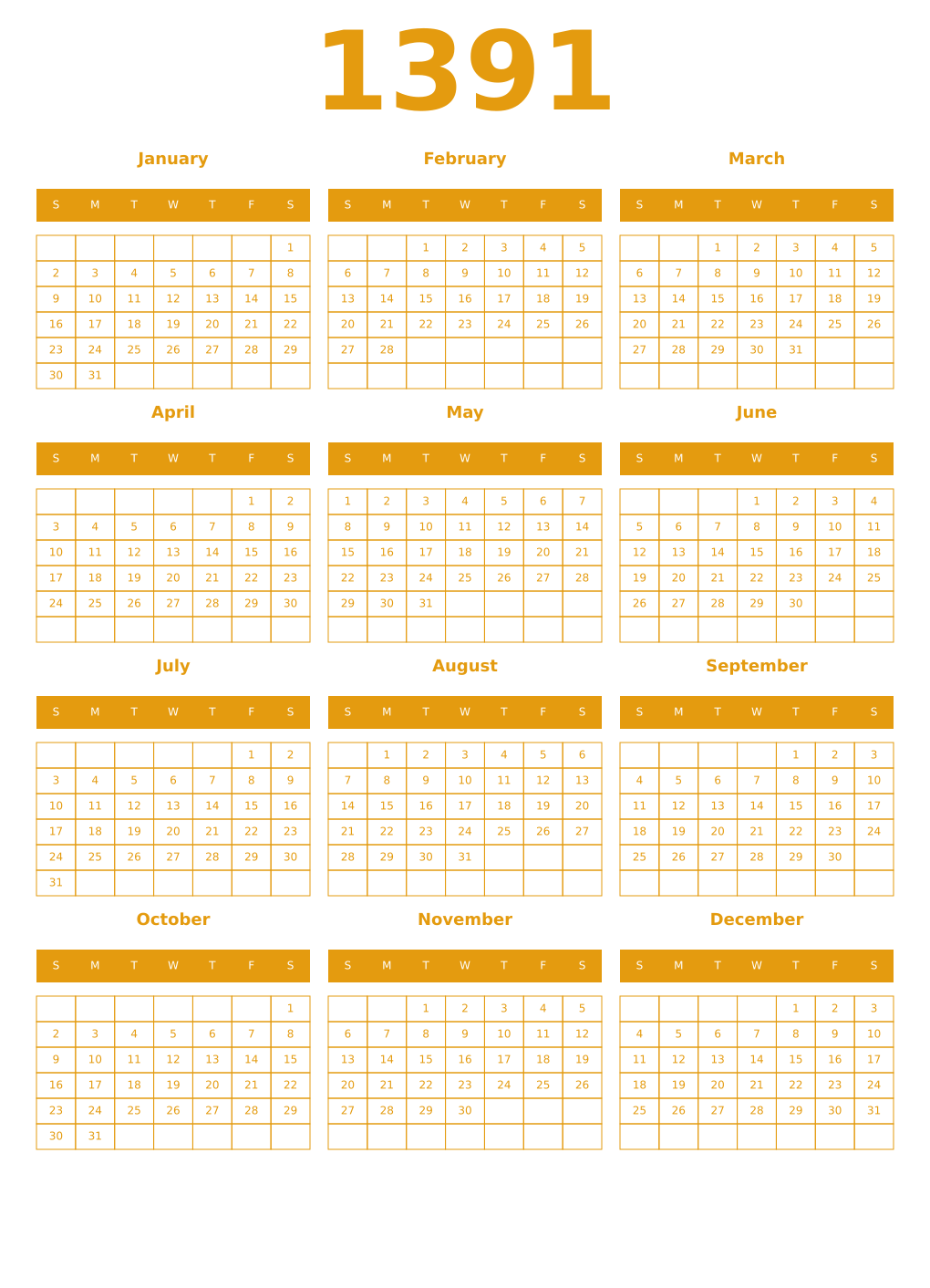 Printable 1391 Year Calendars gamboge
